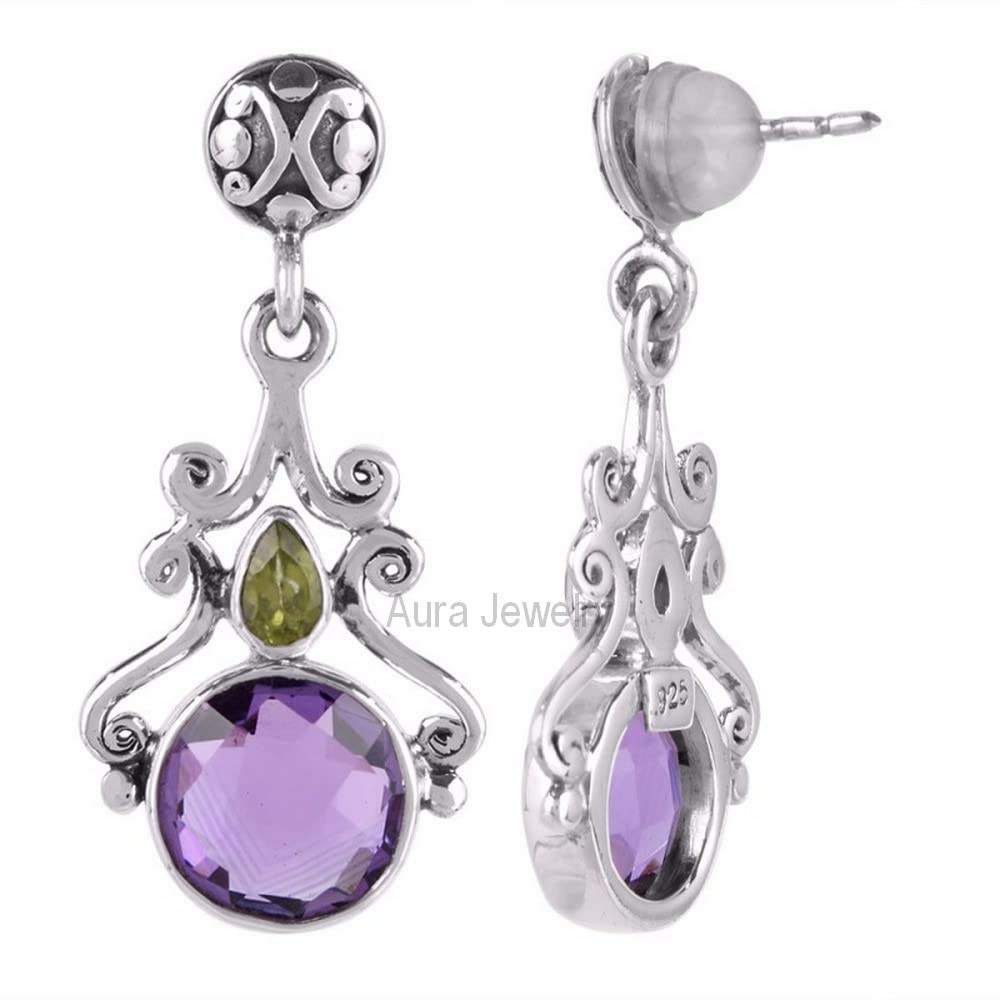 925 Sterling Silver Dangle Earrings for Women - Natural Amethyst & Peridot Hypoallergenic Jewelry | Elegant Christmas Gift for Her, Birthday Present, Anniversary, Party & Special Occasion Accessories