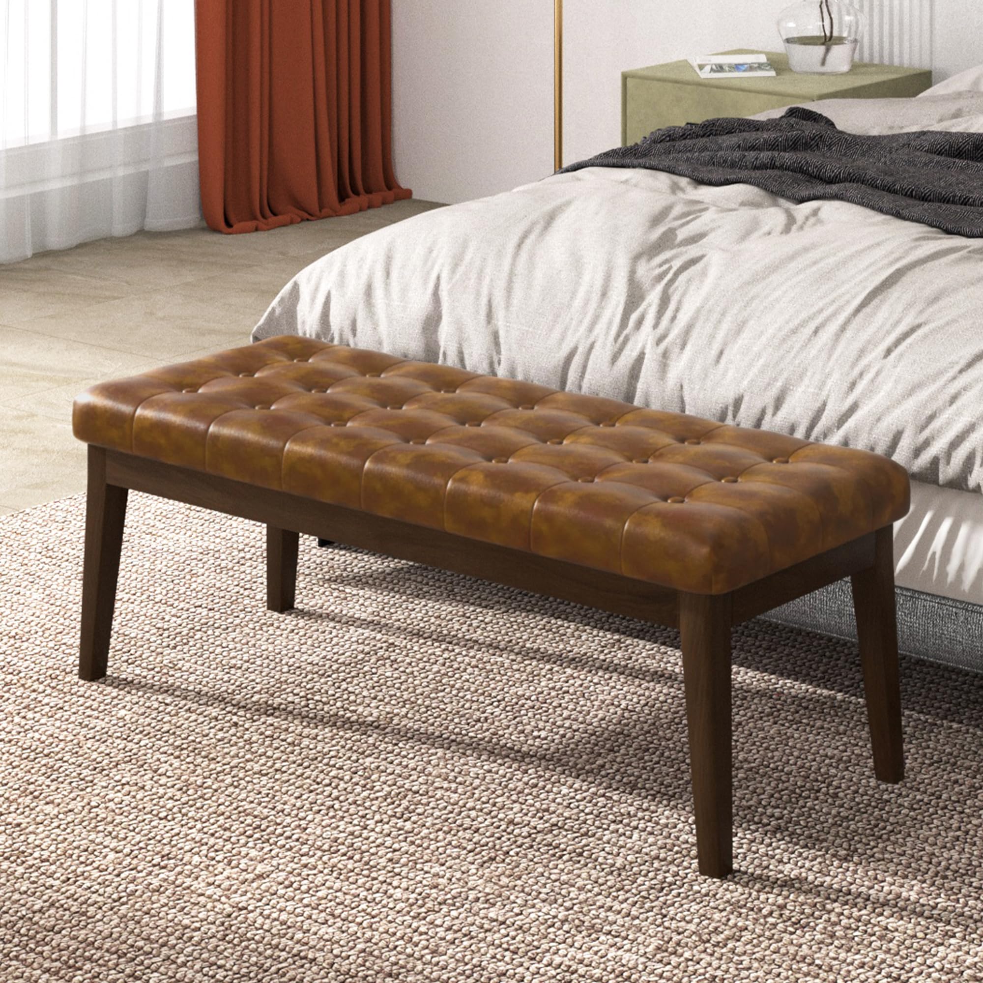 Faux Leather Tufted Bedroom Bench with Solid Wood Legs - Stylish End of Bed Bench for Bedroom, Living Room & Entryway (Brown) | Perfect for Seating, Storage & Home Decor