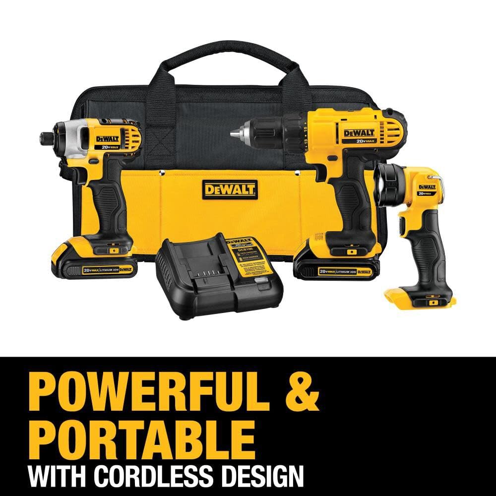 DEWALT 20V MAX Cordless Drill/Driver Kit with LED Work Light - 3-Tool Combo Set Includes 2 Batteries & Charger (DCK340C2) - Perfect for DIY Projects, Home Repairs & Professional Construction Work