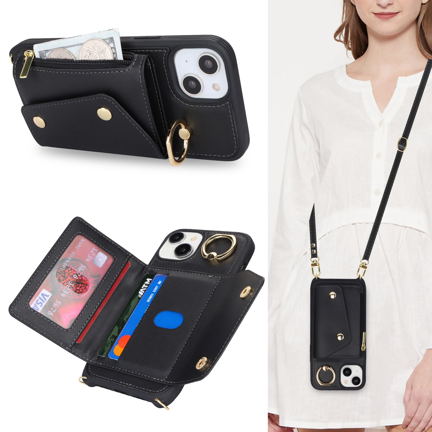 iPhone 15 Plus Wallet Case with Card Holder & Crossbody Strap - 6.7