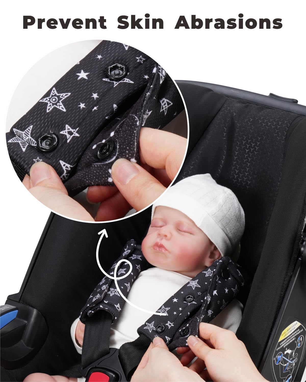 2 Pack Reversible Soft Car Seat Belt Covers for Baby & Kids - Shoulder Strap Pads, Seatbelt Cushion, Neck Protectors for Stroller, Carrier, Pushchair (Black Star) - Comfortable & Safe for Long Car Rides & Travel