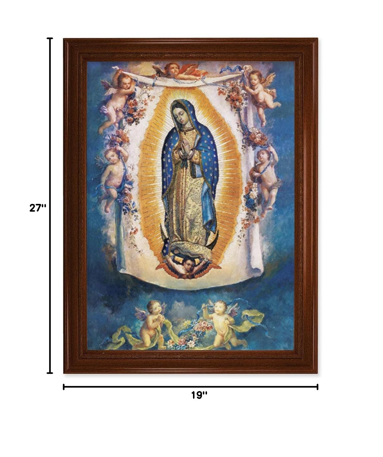 Our Lady of Guadalupe with Angels Framed Wall Art - Extra Large Catholic Religious Home Decor - Natural Walnut Wood Frame with Fluted Details - Perfect for Living Room, Bedroom or Church Decoration