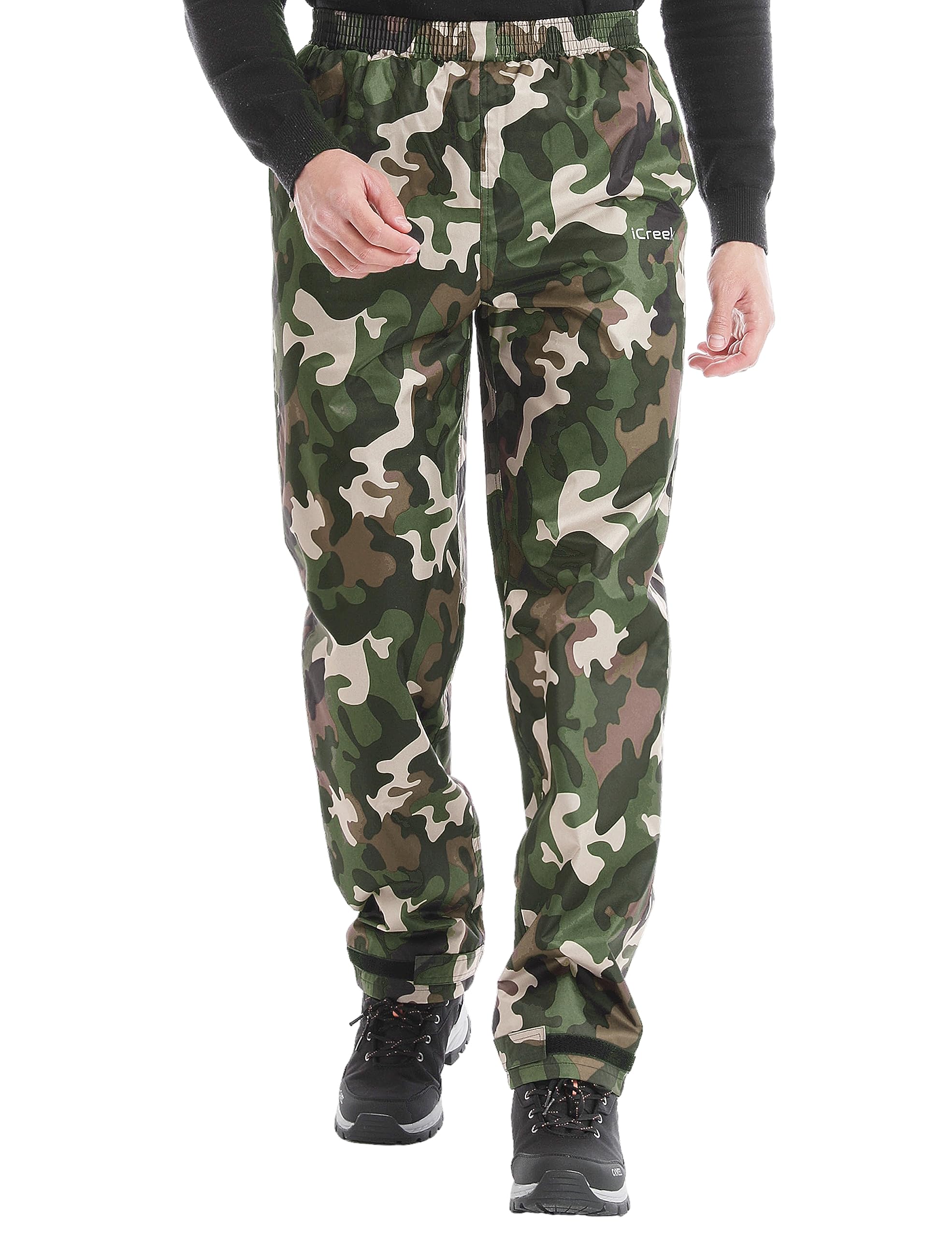 iCreek Men's Waterproof Rain Pants - Windproof Outdoor Pants with Pockets for Hiking, Cycling, Fishing - Perfect for Camping & Wet Weather Activities