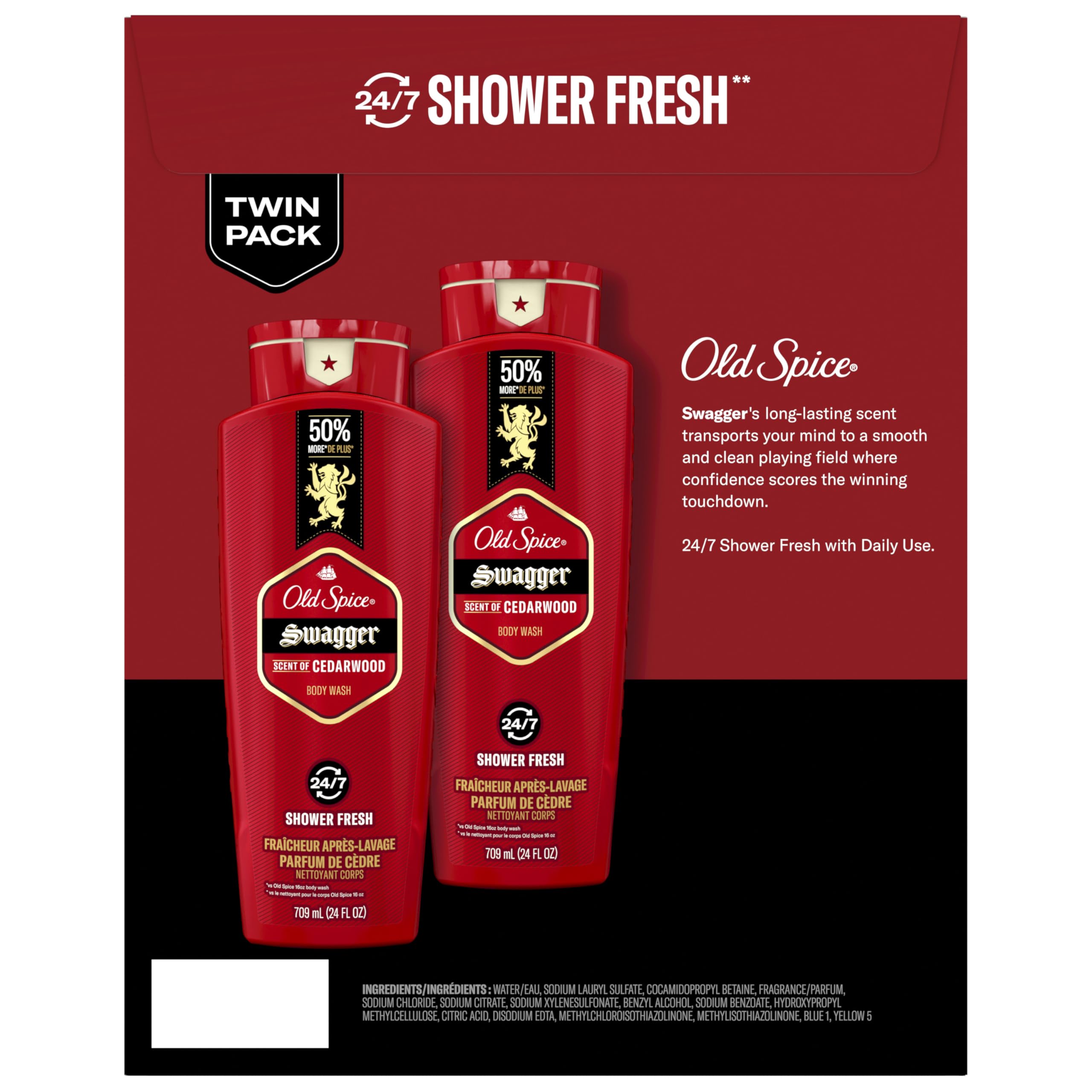 Old Spice Men's Body Wash - 24/7 Shower Fresh with Long-Lasting Cedarwood Scent, Swagger Red Collection, 24 fl oz (Pack of 2) - Refreshing Daily Shower Gel for Gym, Work & Active Lifestyle
