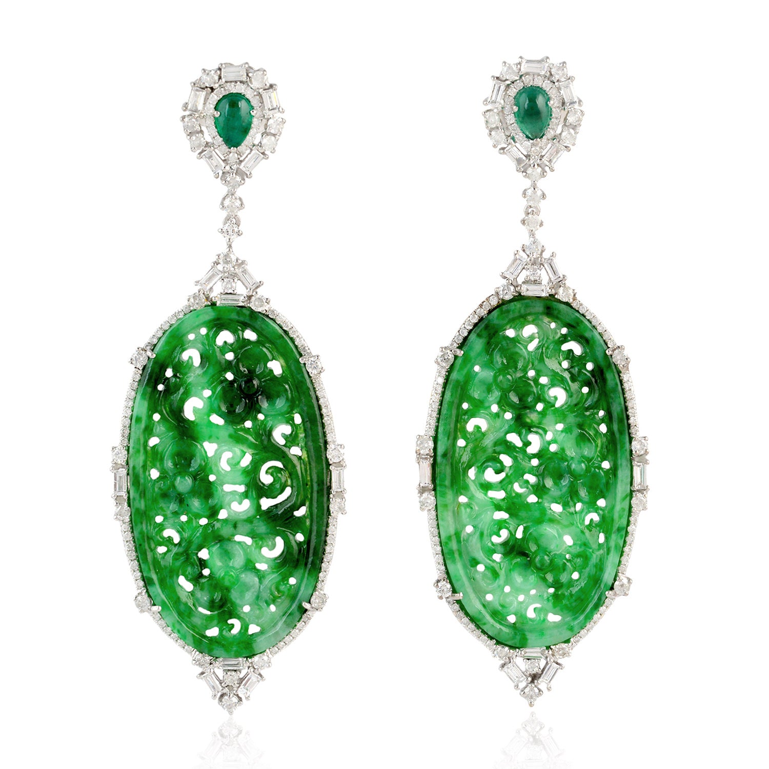Exquisite 18K White Gold Dangler Earrings with Carved Green Jade, Pear-Cut Emerald, and Baguette Diamonds | Elegant Jewelry for Weddings, Parties & Special Occasions