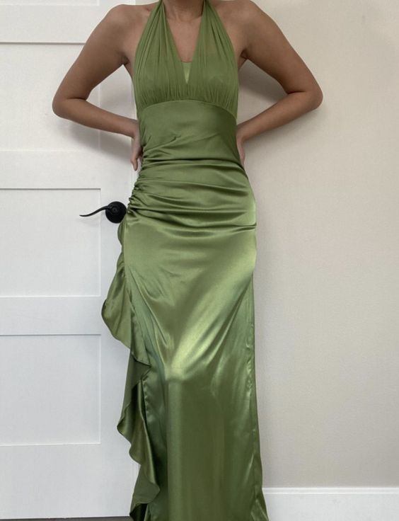 Elegant Halter Green Satin Long Prom Dress with Ruffle Detail - Formal Evening Gown J4735 for Homecoming, Prom Night & Special Occasions
