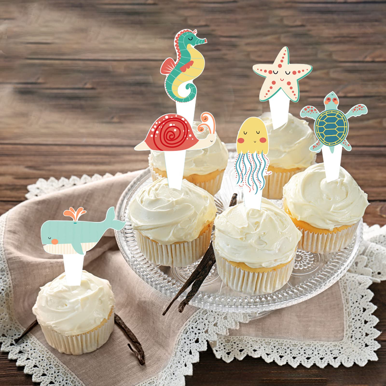 24 Pcs Sea Animal Cupcake Toppers - Ocean Theme Birthday Party Decorations, Under the Sea Baby Shower Supplies for Cake Decor, Dessert Table & Nautical Themed Events
