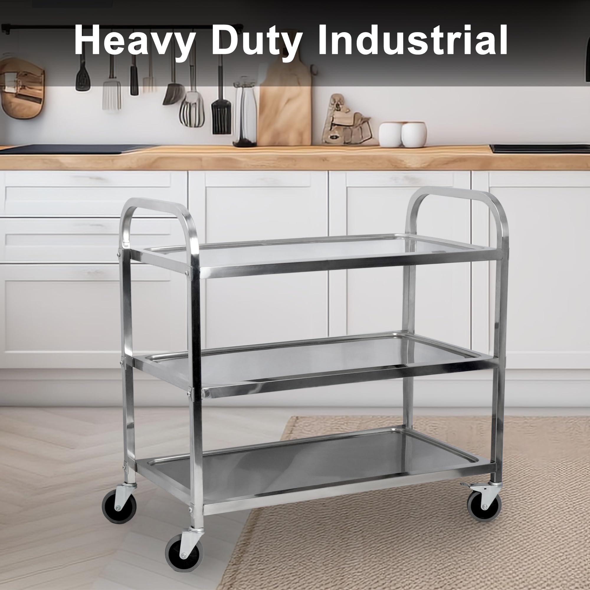 3-Tier Stainless Steel Utility Cart with 360° Swivel Wheels - Heavy Duty Industrial Serving Cart for Kitchen, Restaurant & Home Use - Perfect for Food Service, Hotel Storage & Mobile Workstation