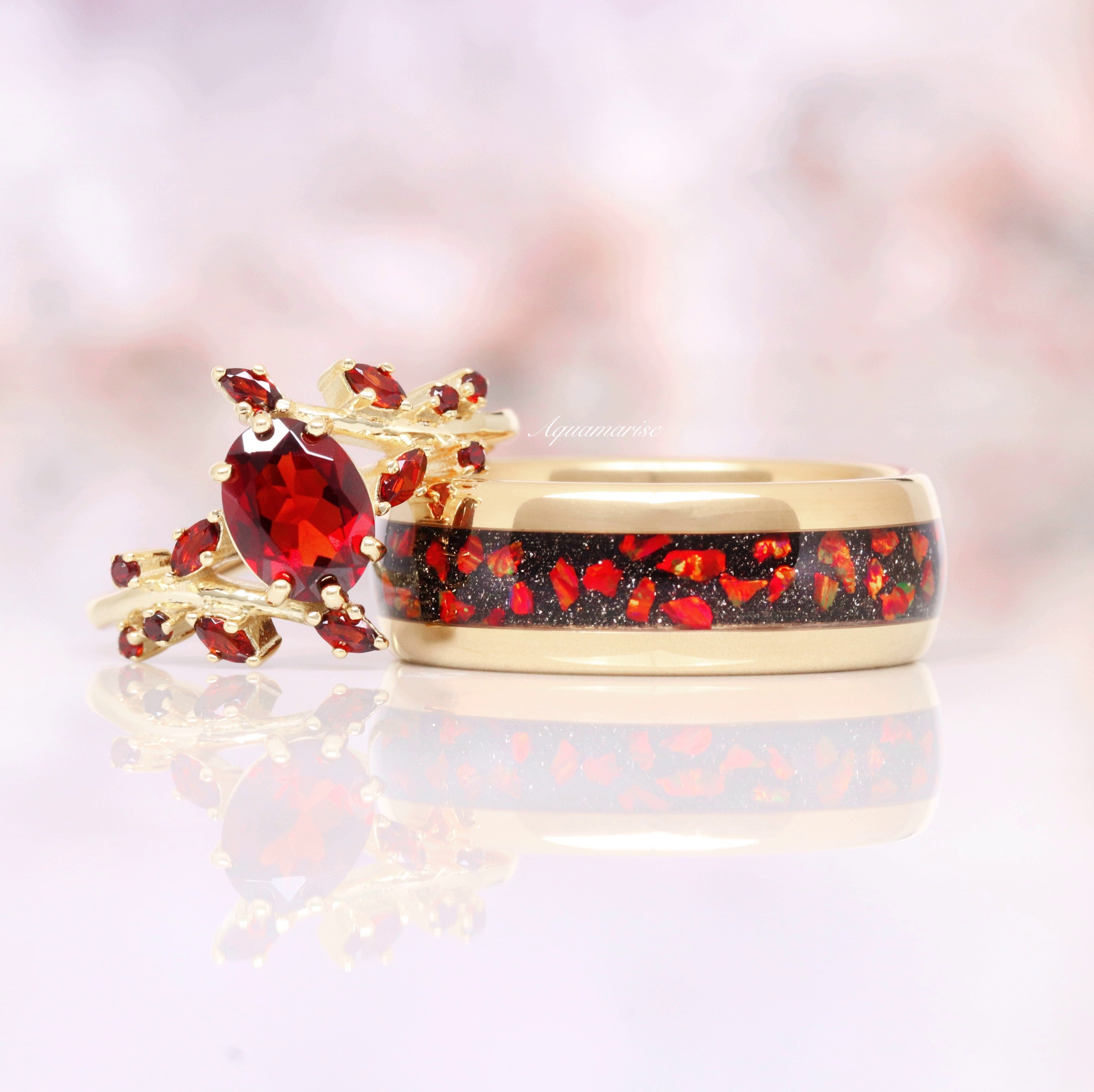 Red Fire Opal & Starry Night Wedding Band - 8MM Gold Tungsten Ring for Men & Women - Perfect for Engagement, Anniversary & Romantic Gifts