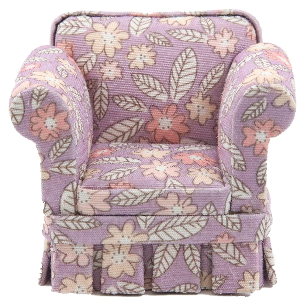 Miniature Dollhouse Purple Floral Country Armchair - 1:12 Scale Living Room Furniture for DIY Dollhouse, Miniature Home Decor, Collectibles & Model Displays