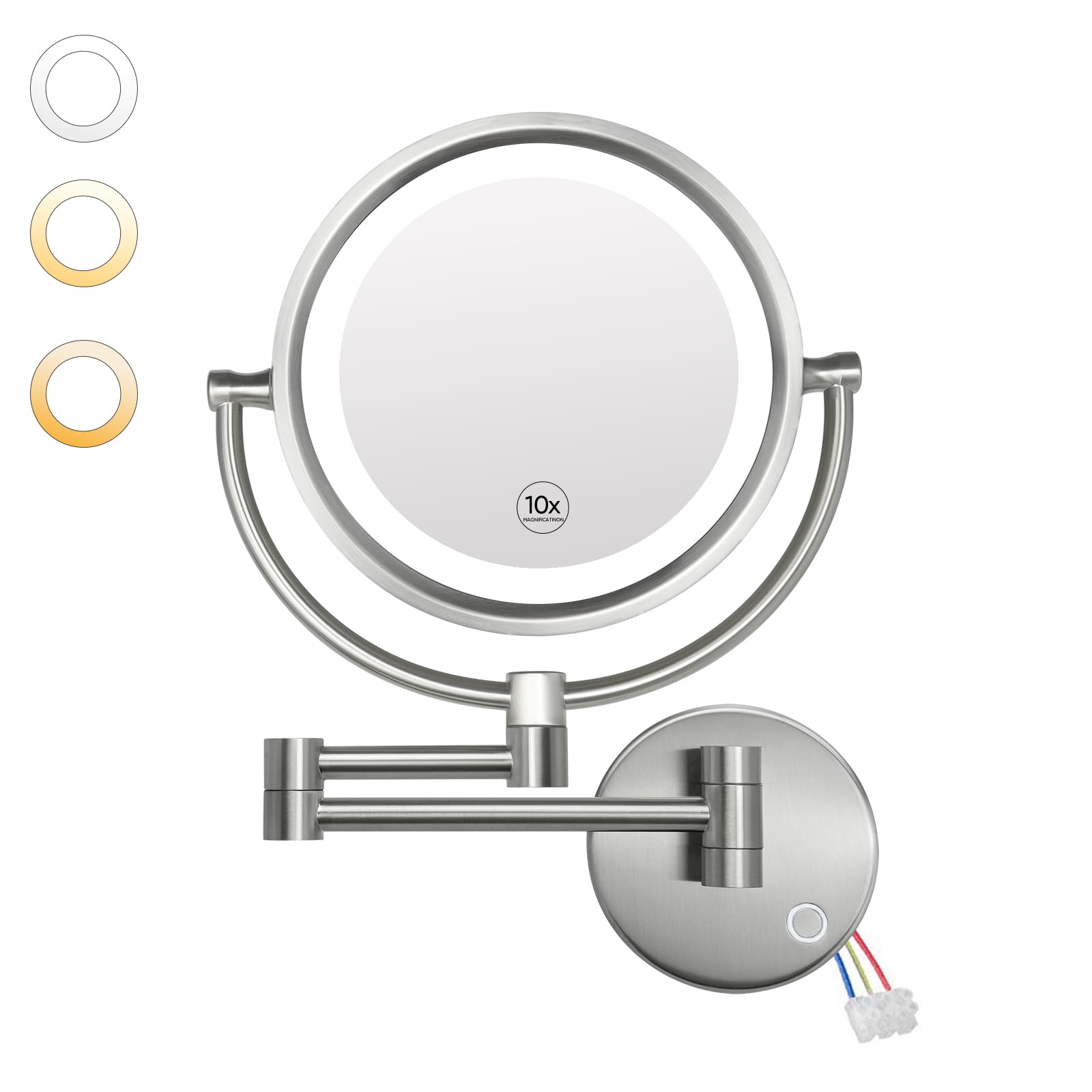 GURUN 8.5 Inch LED Lighted Wall Mount Makeup Mirror with 10x Magnification - Hardwired Nickel Finish Vanity Mirror for Bathroom, Bedroom & Dressing Room