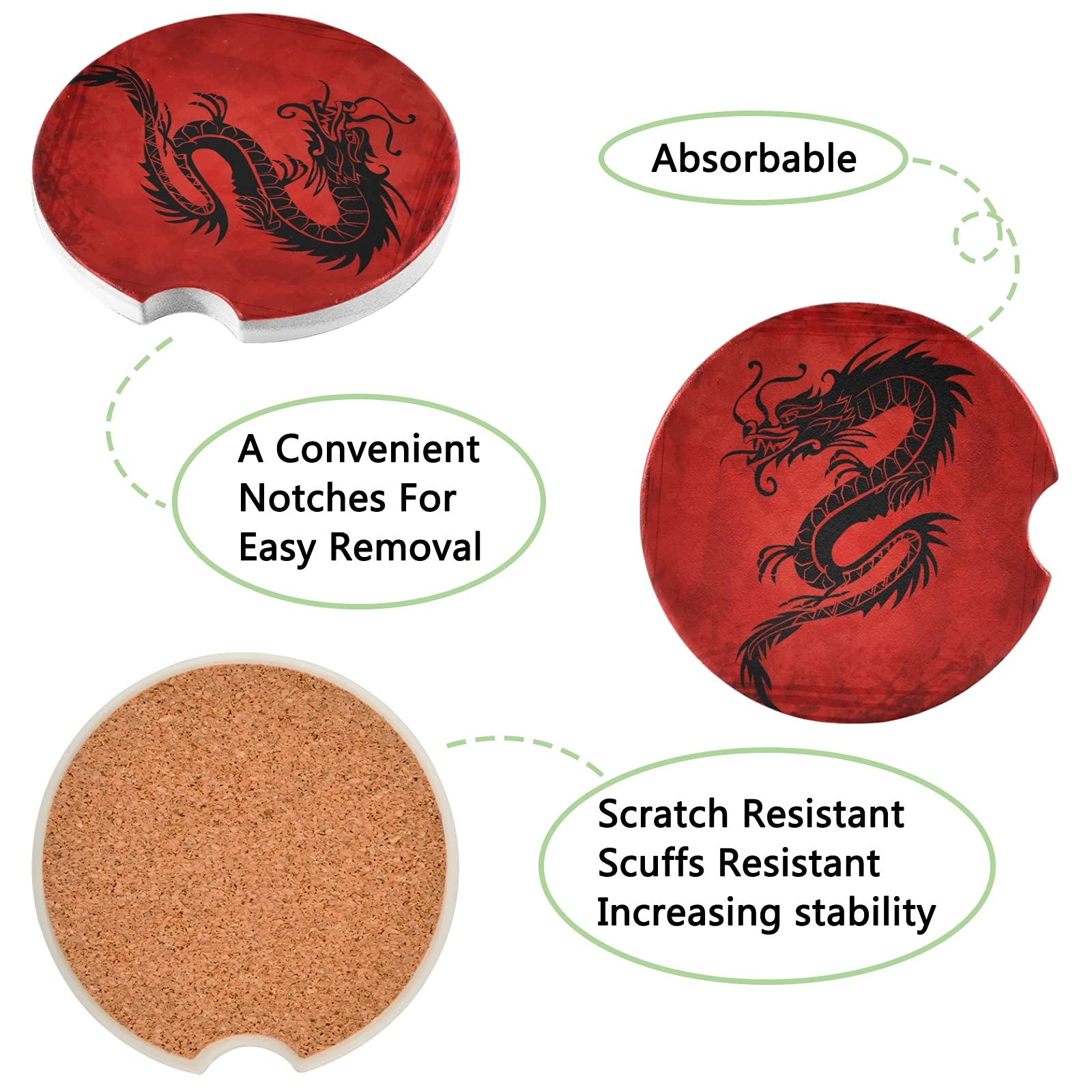 2 Pack Absorbent Ceramic Car Coasters with Fingertip Grip, 2.5 Inch China Dragon Design Cup Holders for Drinks, Perfect for Car, Office, and Home Use