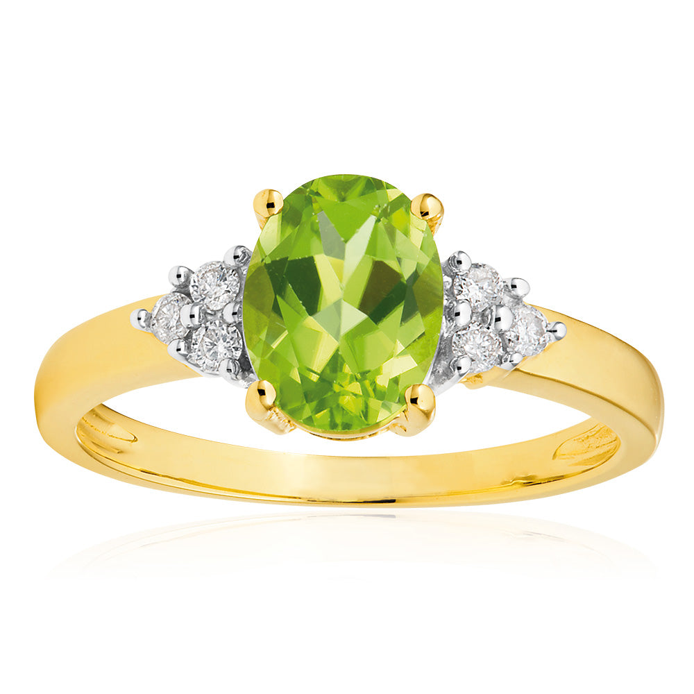 9ct Yellow Gold Diamond & Peridot Ring for Women - Elegant Birthstone Jewelry for Engagement, Anniversary & Special Occasions