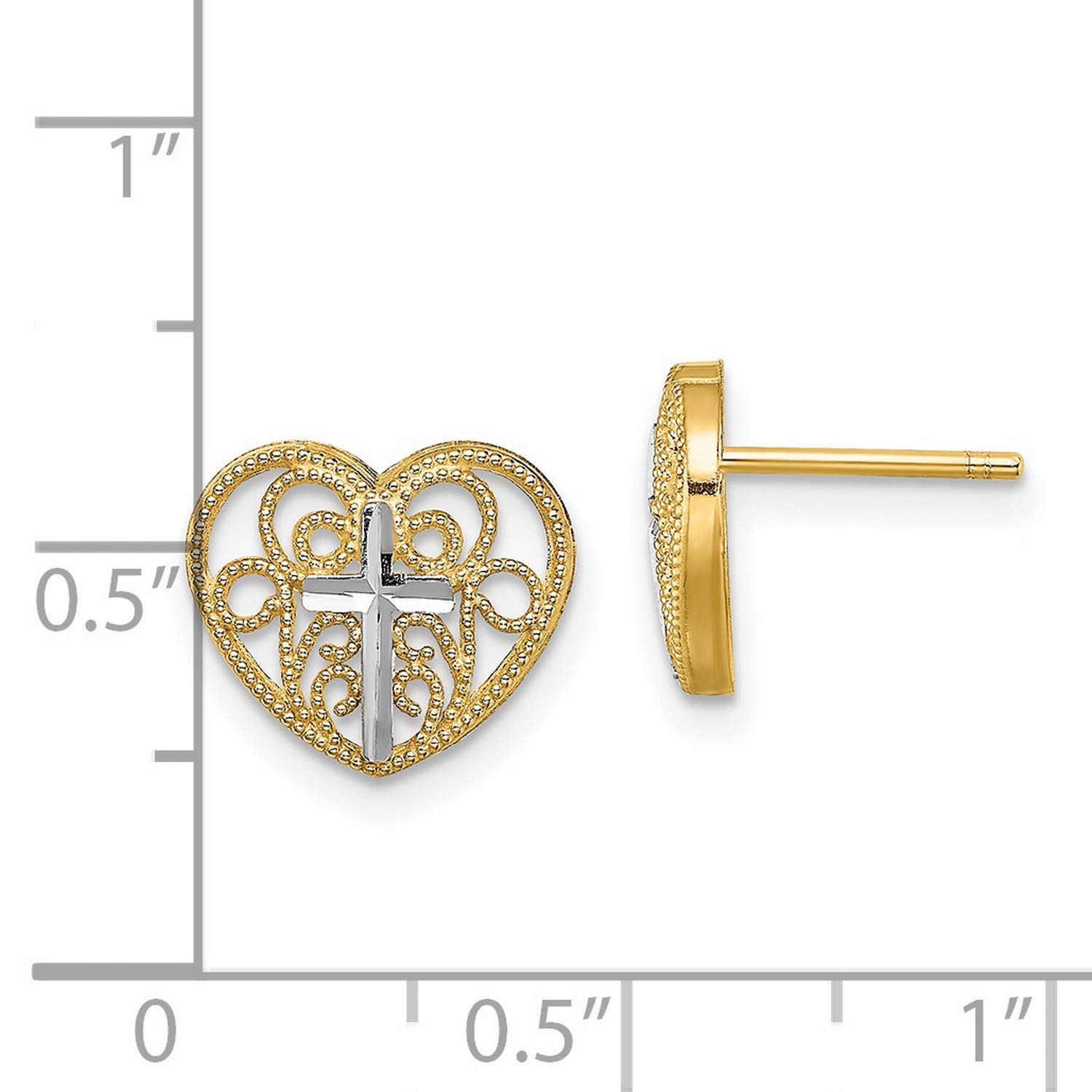 14K Yellow Two-Tone Gold Filigree Cross Heart Post Earrings for Women - Elegant Religious Jewelry Gift for Christmas, Baptism, or Everyday Wear