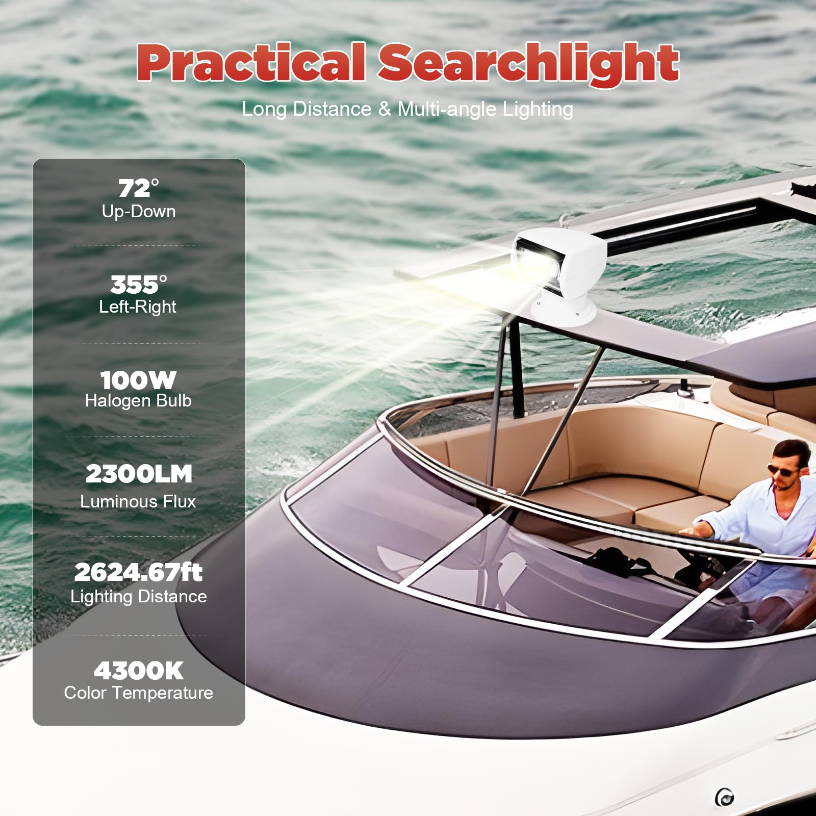 12V 100W Marine Spot Light with Remote Control - Waterproof Rotatable Boat Spotlight for Search & Rescue, Fishing, Night Navigation - Omnidirectional Lighting for Boats, Trucks, Cars (White) - Perfect for Marine Safety & Outdoor Adventures