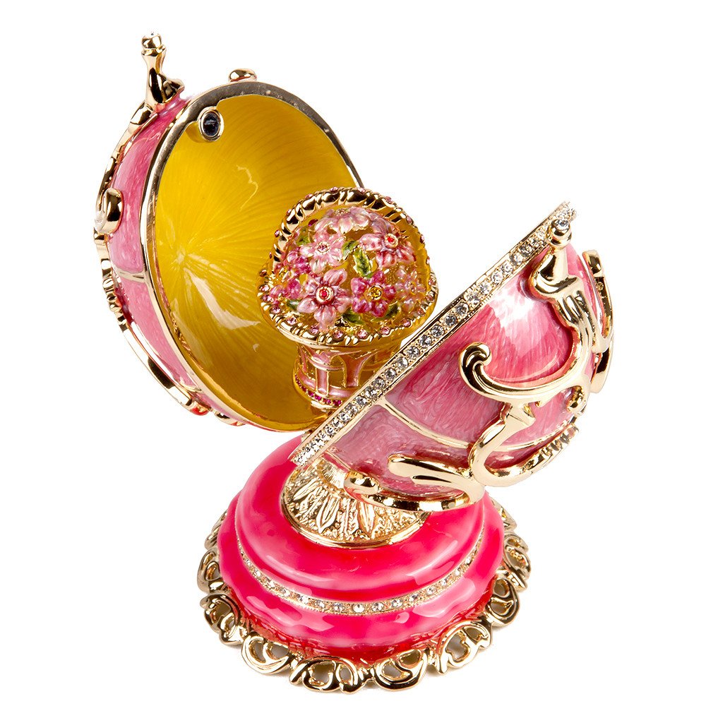 Exquisite Floral Basket Double Faberge Style Crystal Egg - Pink Limited Edition Collectible Jewelry Box | Easter Decoration, Home Decor, Luxury Gift for Special Occasions