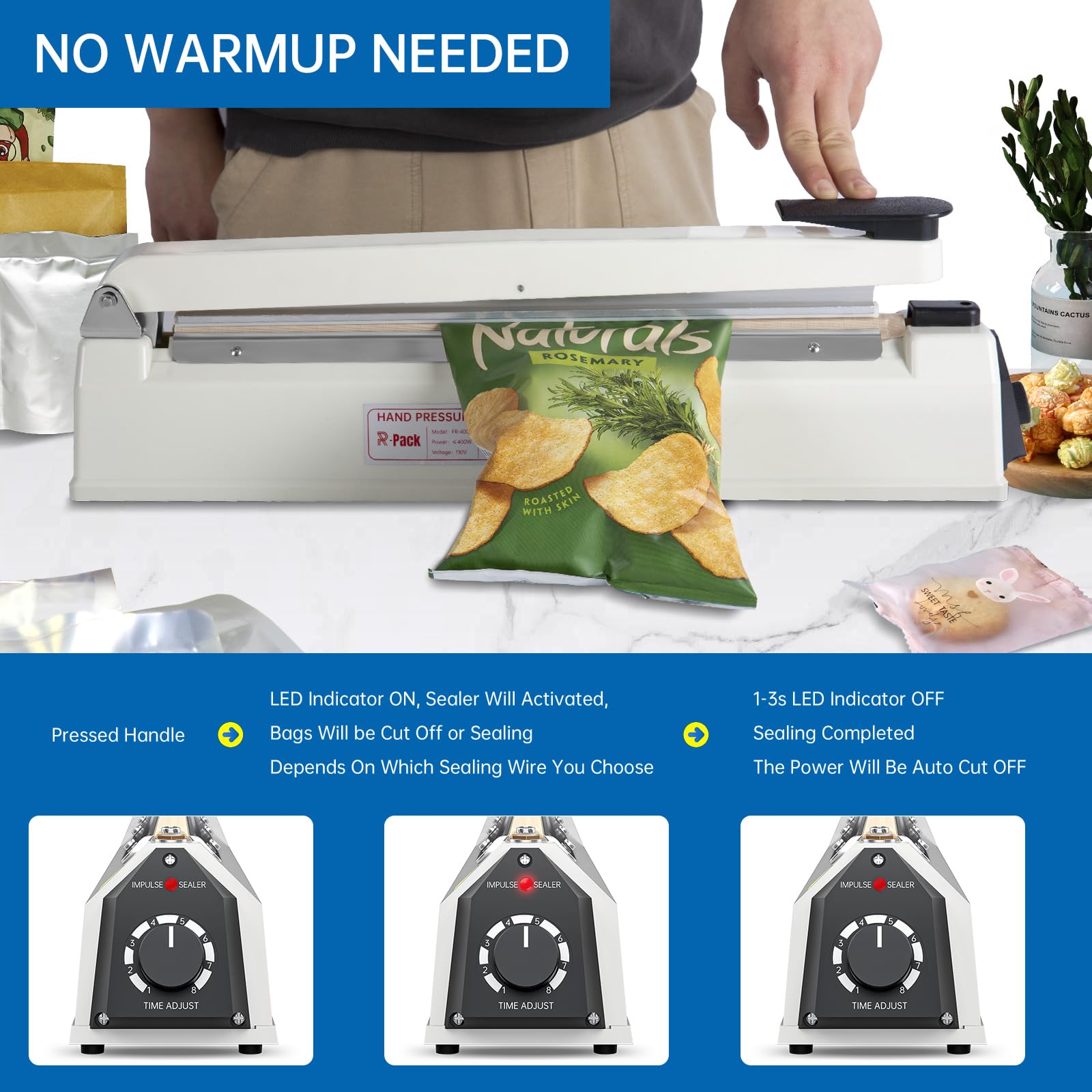 Heavy-Duty 12-Inch Impulse Heat Sealer with Seal Bar - Bag Sealing & Cutting Machine with 2 Extra Replacements (White) - Perfect for Food Packaging, Vacuum Sealing & Industrial Use