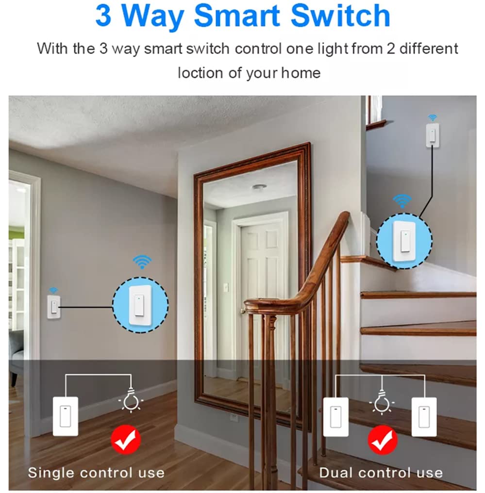 Nexete 3-Way Smart Wi-Fi Light Switch - Compatible with Amazon Alexa & Google Assistant, No Hub Required, Timer Function - Perfect for Home Automation & Smart Lighting Control (1-Pack)