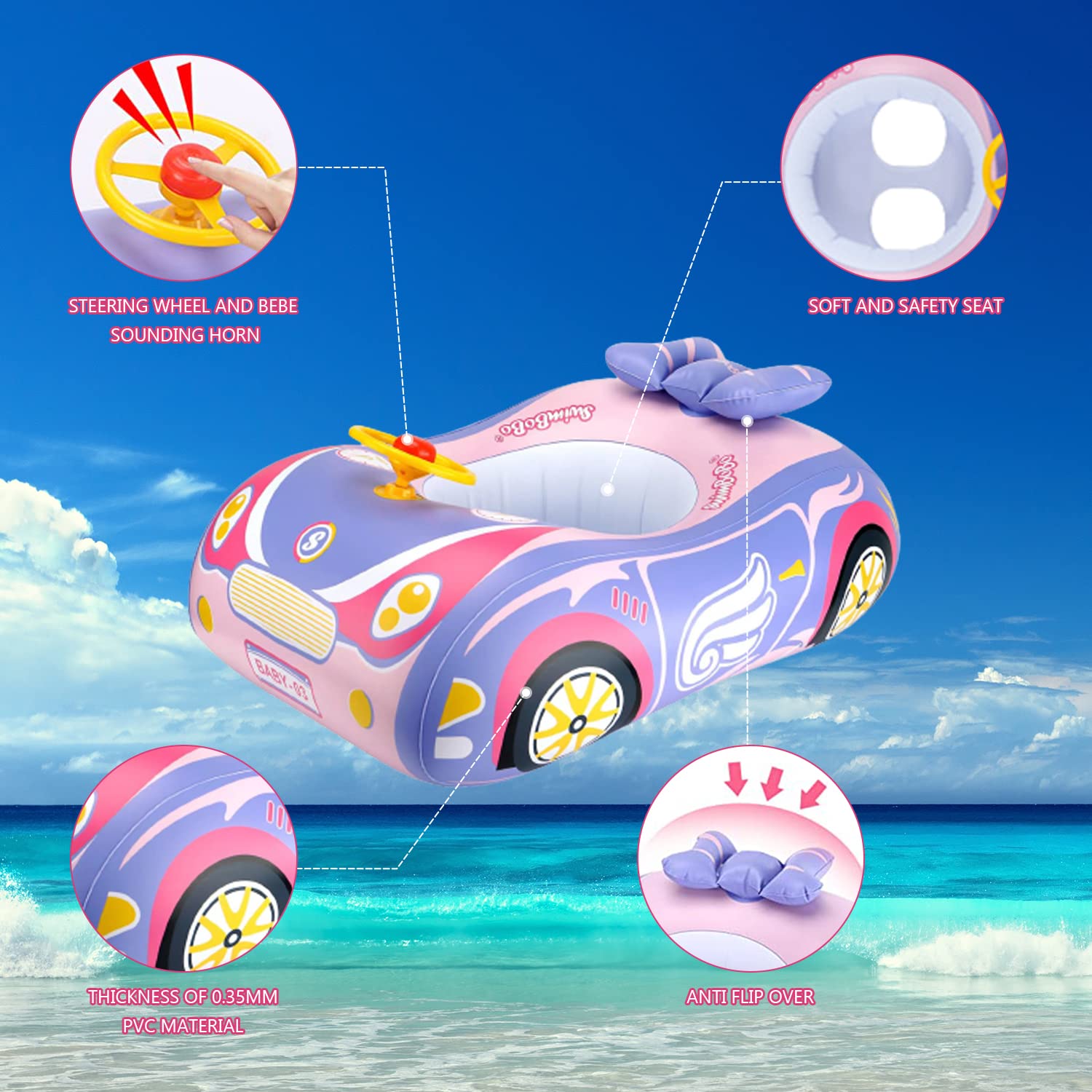 3D Car Design Baby Pool Float - Heavy Duty PVC Toddler Swim Float with Steering Wheel for Ages 1-4 Years | Safe Swimming Floats Seat Boat for Kids 12-24 Months | Perfect for Backyard Pools, Beach Vacations & Summer Water Play (Girl & Boy)