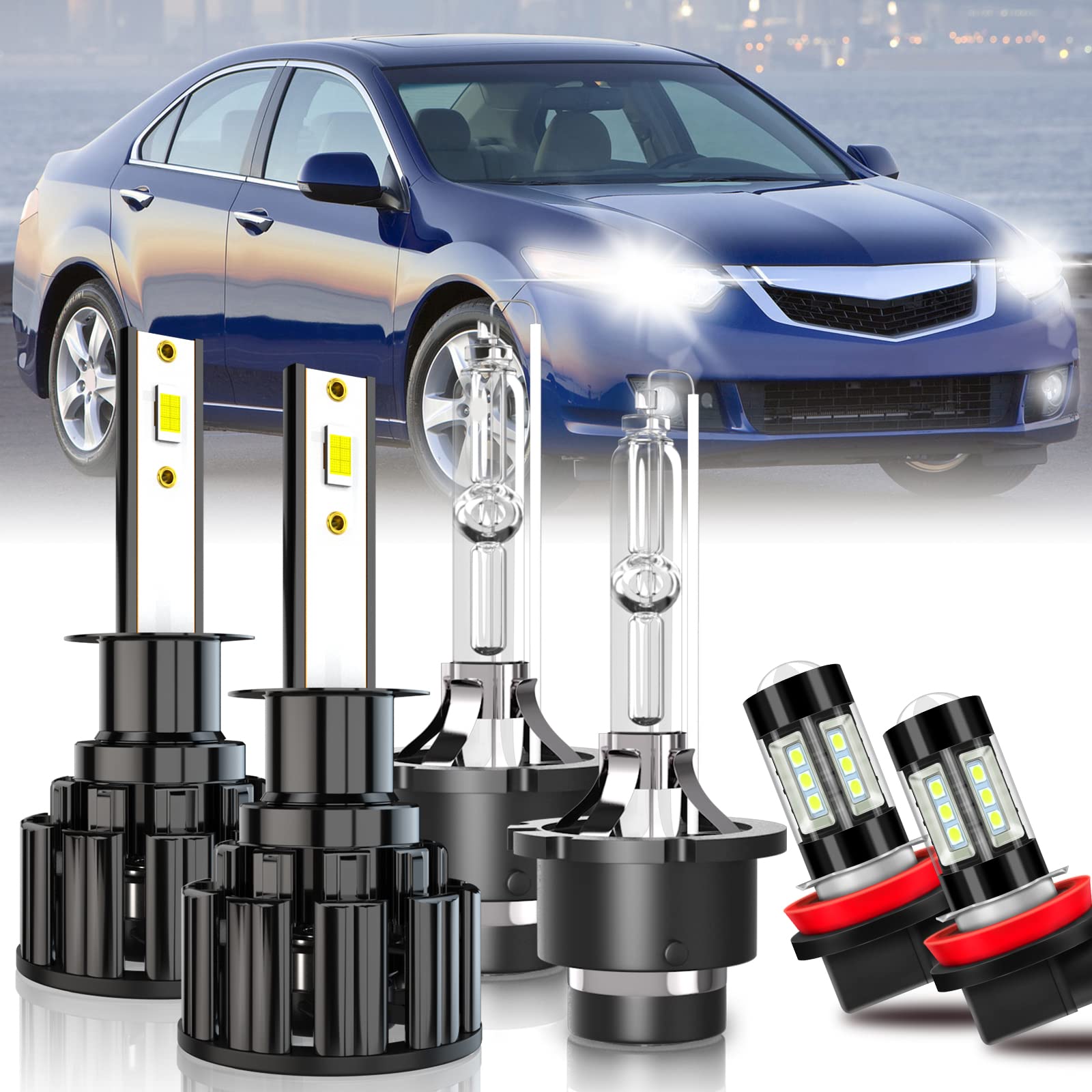 2004-2008 Acura TSX LED Headlight Bulbs Kit - H1 High Beam, D2S Low Beam & H11 Fog Lights - 6000K Xenon White Super Bright - Plug & Play Replacement - Pack of 6 - Perfect for Night Driving & Foggy Conditions