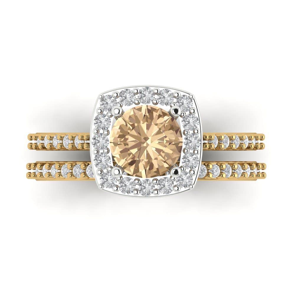 Clara Pucci 2 Carat Round Cut Halo Solitaire Yellow Moissanite Engagement Ring Set in 14K Yellow & White Gold - Perfect for Wedding, Proposal & Anniversary Gifts