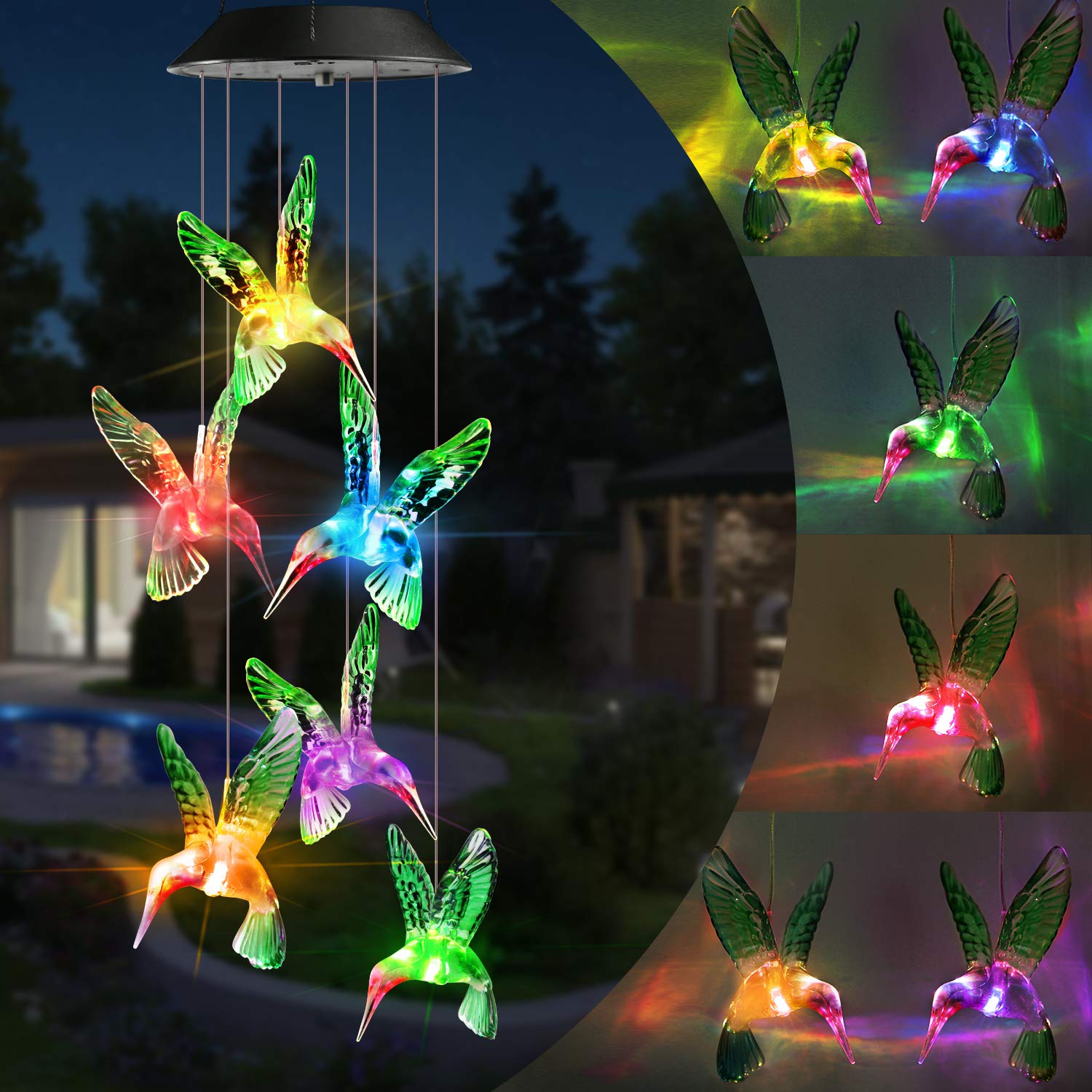 Toodour Solar Wind Chime - Color Changing LED Hummingbird Wind Chimes with Waterproof Design | Outdoor Decorative Lights for Garden, Patio, Yard & Window Decor | Perfect Gift for Mom & Grandma | Ideal for Relaxing Evenings, Garden Parties & Outdoor Gatherings