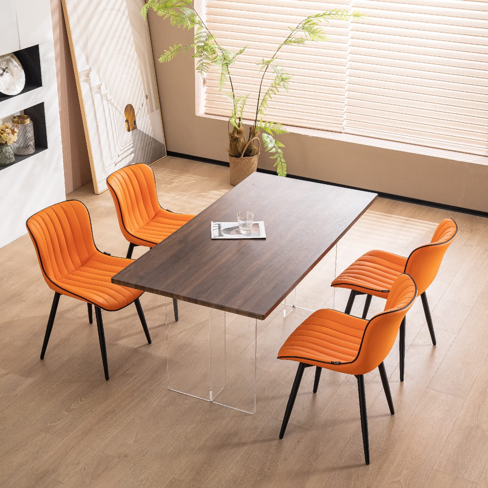YOUNUOKE Mid Century Modern Dining Chairs Set of 2 - Orange Upholstered Armless Kitchen Chairs with Faux Leather & Metal Legs - Perfect for Dining Room, Kitchen, Living Room, Reception Area and Guest Bedroom