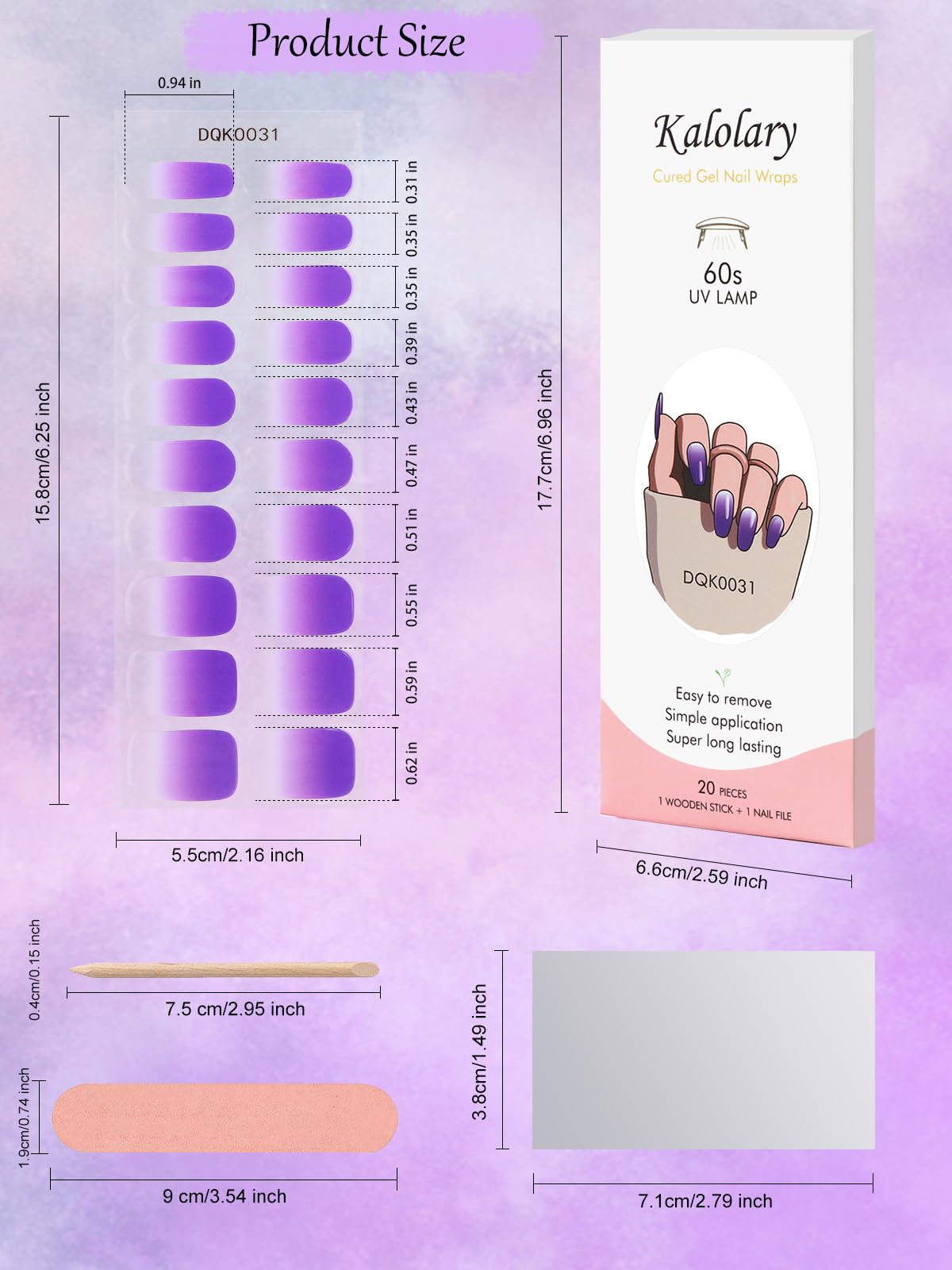 20PCS Kalolary Gradient Purple Gel Nail Polish Strips - Waterproof Nail Wraps & Stickers with Nail File for Women & Girls - UV/LED Lamp Required - Perfect for Home Manicures, Parties & Special Occasions