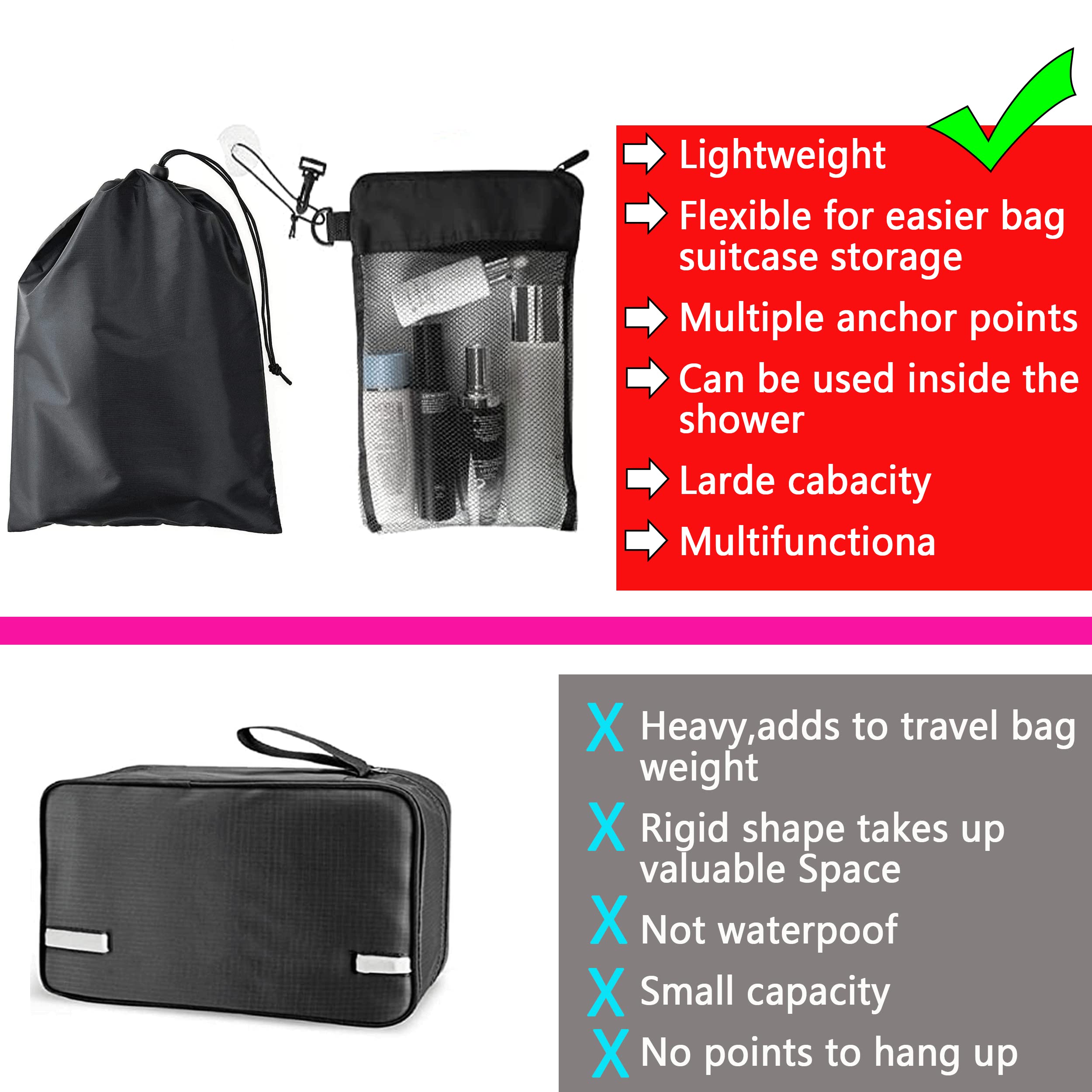 Waterproof Multifunctional Toiletry Shower Bag for Gym, Travel & Camping - Mesh Hanging Organizer with Suction Cups, Zipper & Drawstring Pouch - Compact Lightweight Toiletry Caddy for Shower, Swimming & Outdoor Activities