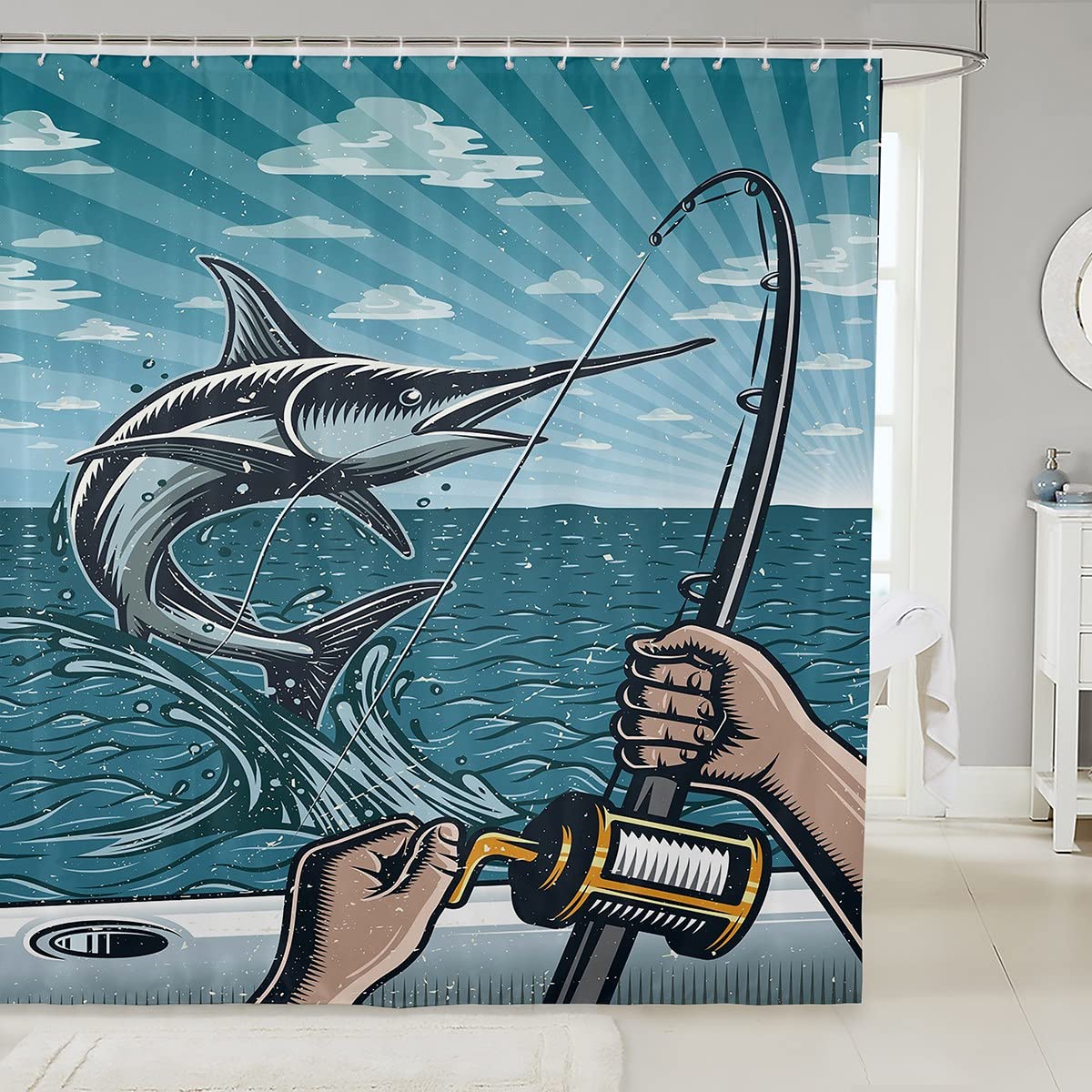 Kids Marlin Swordfish Shower Curtain - Nautical Fishing Theme Bathroom Decor for Teens, 72x72 Inch Waterproof Bath Curtain Set - Perfect for Coastal, Ocean or Beach Themed Bathrooms