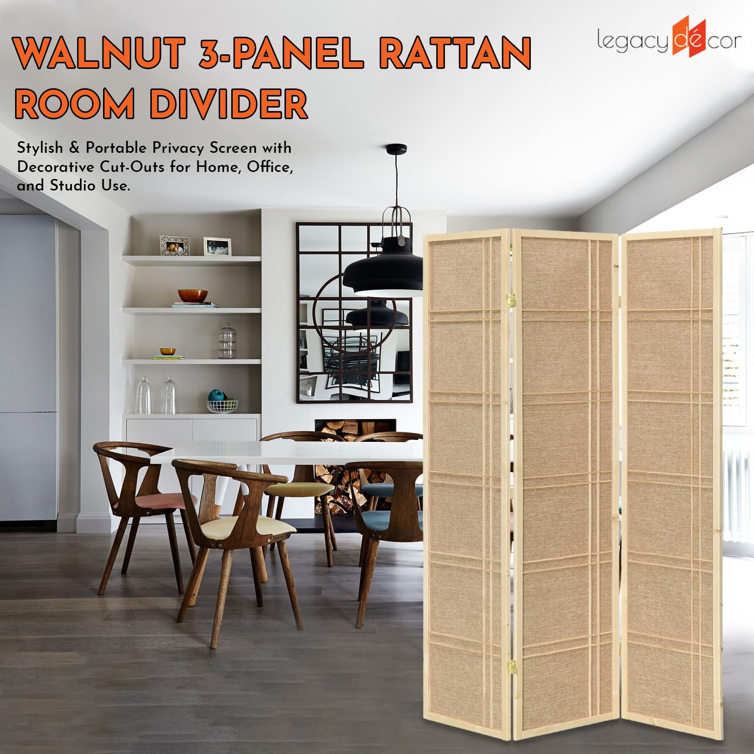 Legacy Decor 3-Panel Rattan Room Divider with Cane Webbing & Decorative Cutouts - Foldable Privacy Screen for Home Office Studio - Natural Bamboo Partition for Indoor Spaces, Bedroom Separation & Event Decor