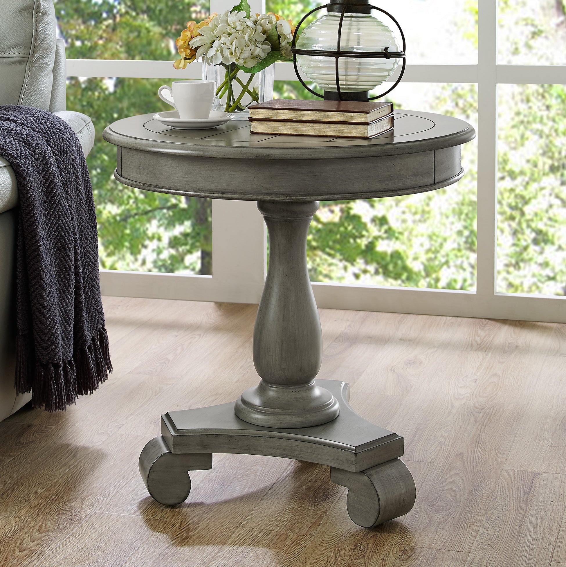 Roundhill Furniture Rene Round Wood Pedestal Side Table - Gray End Table for Living Room, Bedroom & Patio - Modern Wooden Accent Table for Home Decor