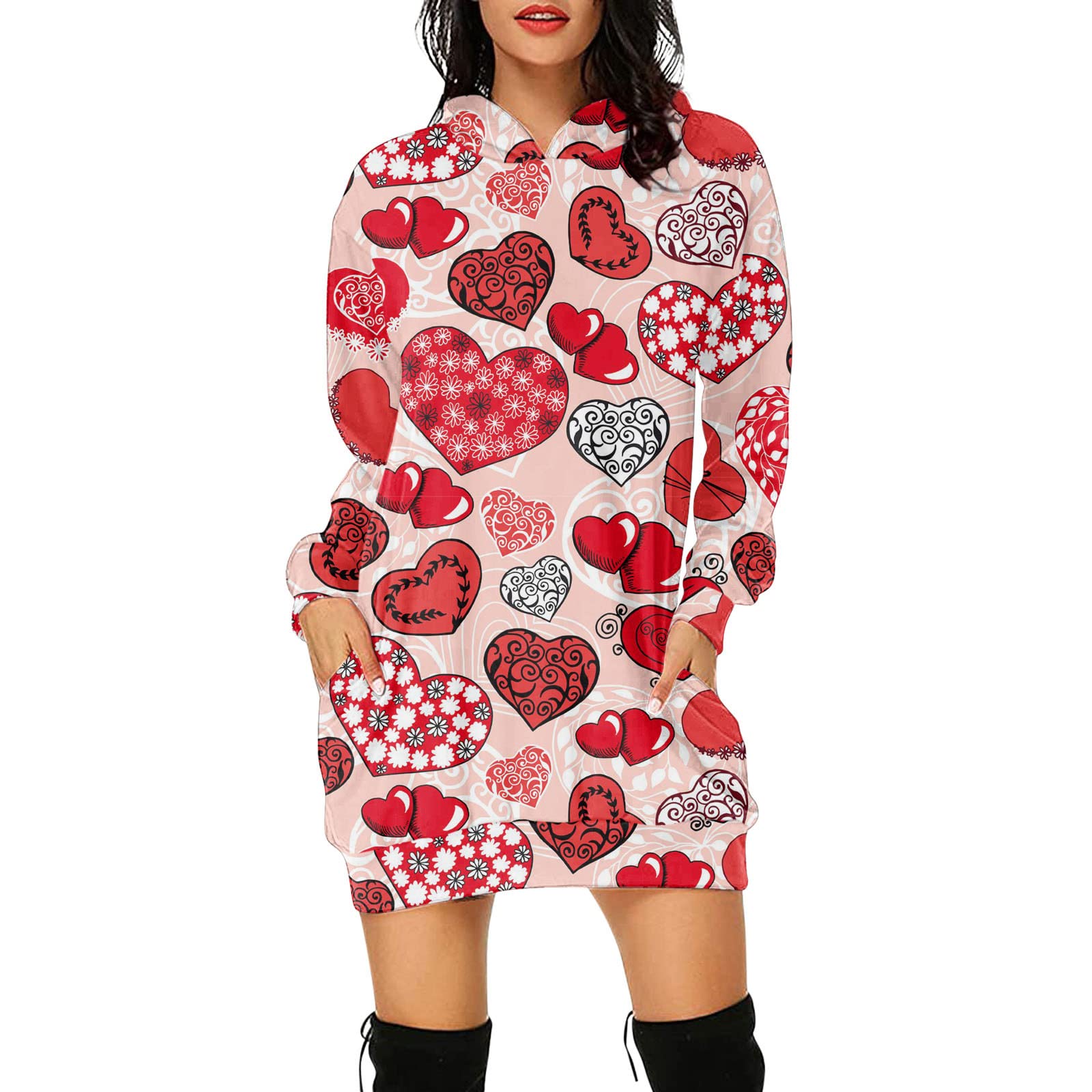 Women's Long Sleeve Printed Dress - Autumn & Summer Casual Flowy Skirt with Christmas Love Design | Perfect for Holiday Parties, Office Wear & Date Nights
