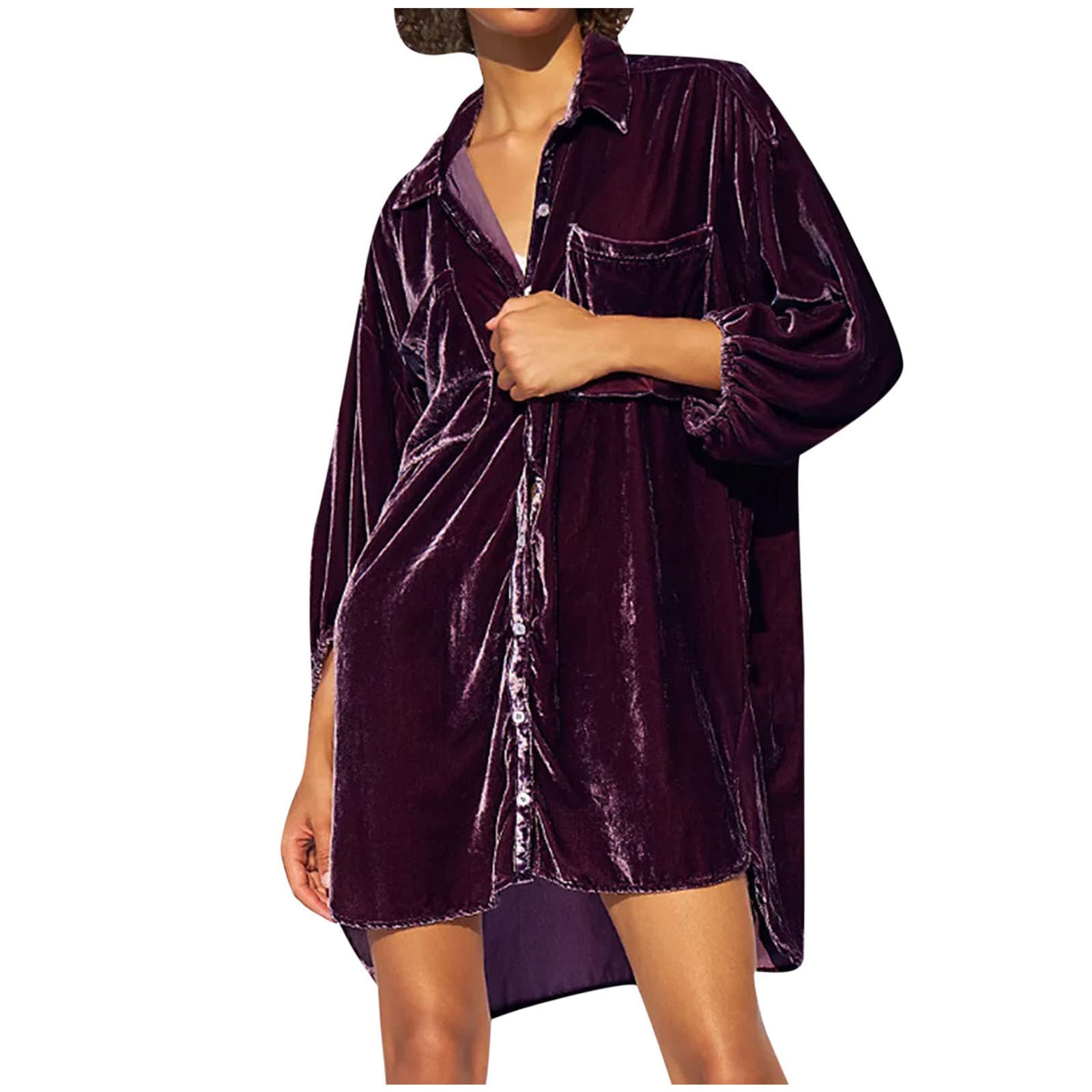 Women's Velvet Button Down Shirt Dress - Boyfriend Style with Lantern Sleeves, Loose Swing Mini Tunic Top - Perfect for Office Wear, Date Nights & Holiday Parties
