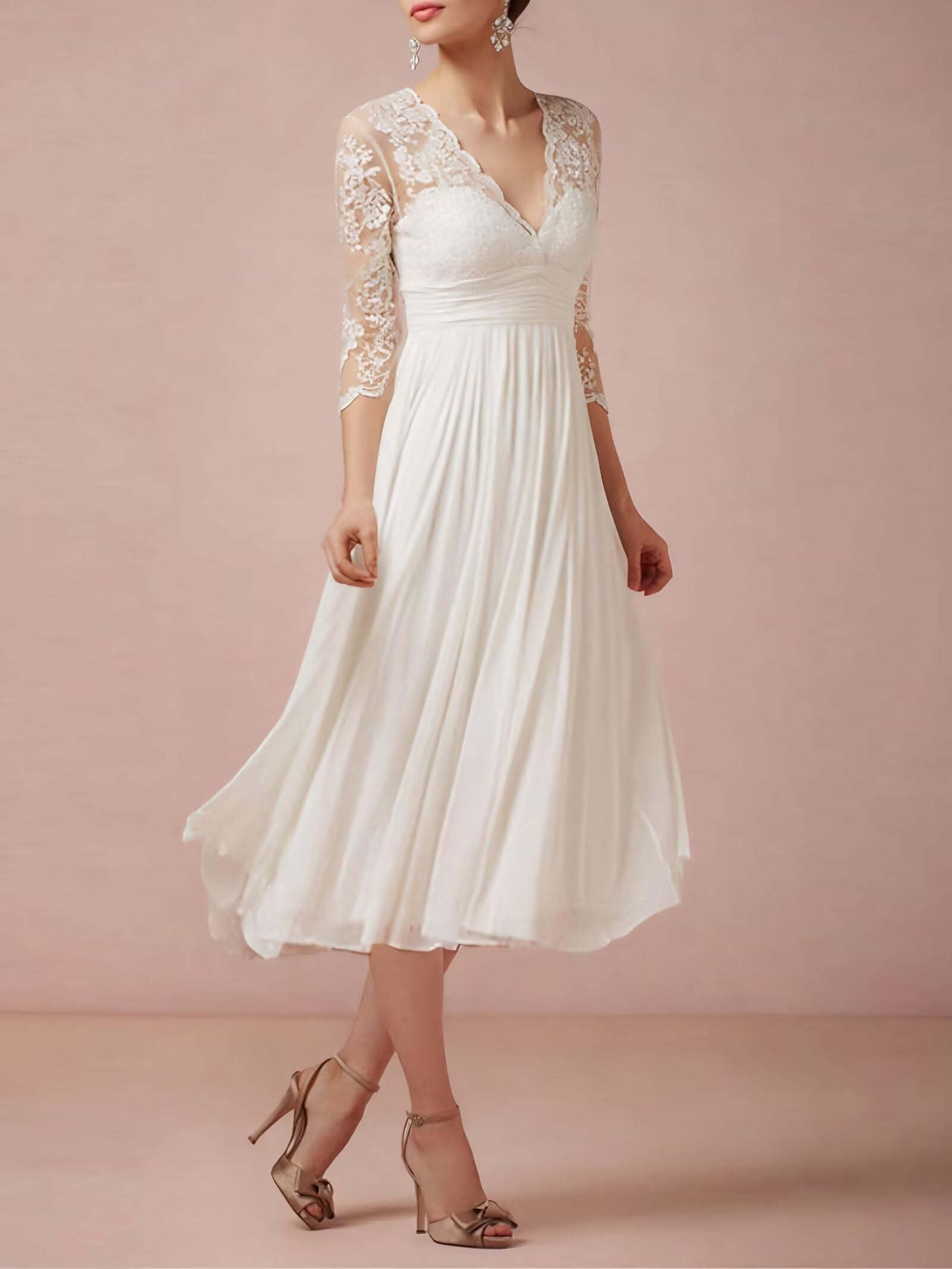 Elegant V-Neck Chiffon Boho Wedding Dress for Women - A-Line Tea-Length Bridal Gown for Beach, Garden & Outdoor Ceremonies