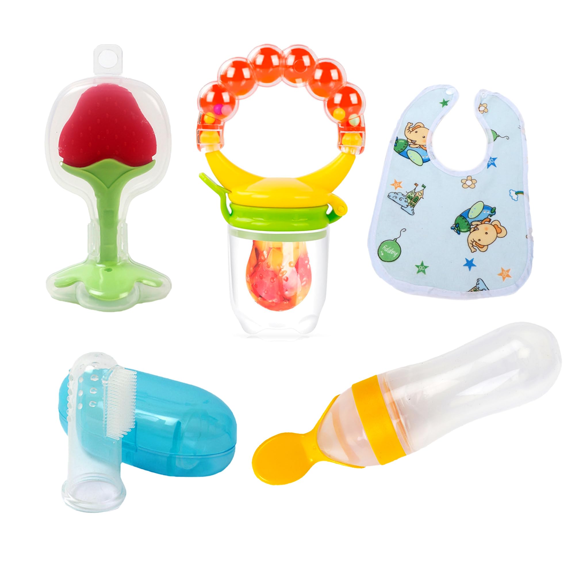 B2K Royaldeals Baby Fruit Feeder Pacifier Set - Includes Silicone Food Dispensing Spoon, Fruit Teether, Finger Brush & Bib Rattle - Safe for Infants 3-12 Months - Perfect for Baby Led Weaning, Teething Relief & Mess-Free Feeding