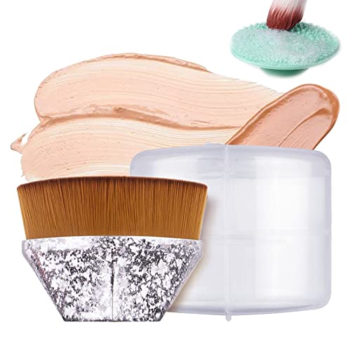 Professional Flat Top Makeup Brush with Protective Cap - Foundation Brush for Blending Liquids, Creams & Concealers - Ideal for Everyday Makeup & Travel (Cracked Silver)