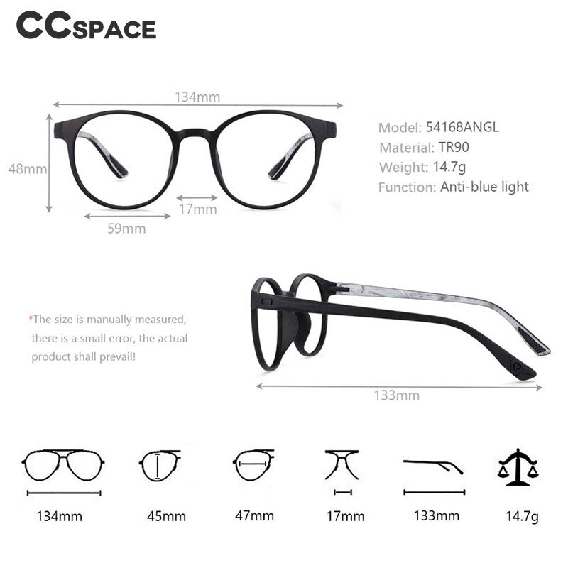 CCspace Unisex Full Rim Round TR90 Titanium Frame Eyeglasses 54168 - Lightweight & Durable Glasses for Work, Reading & Everyday Wear
