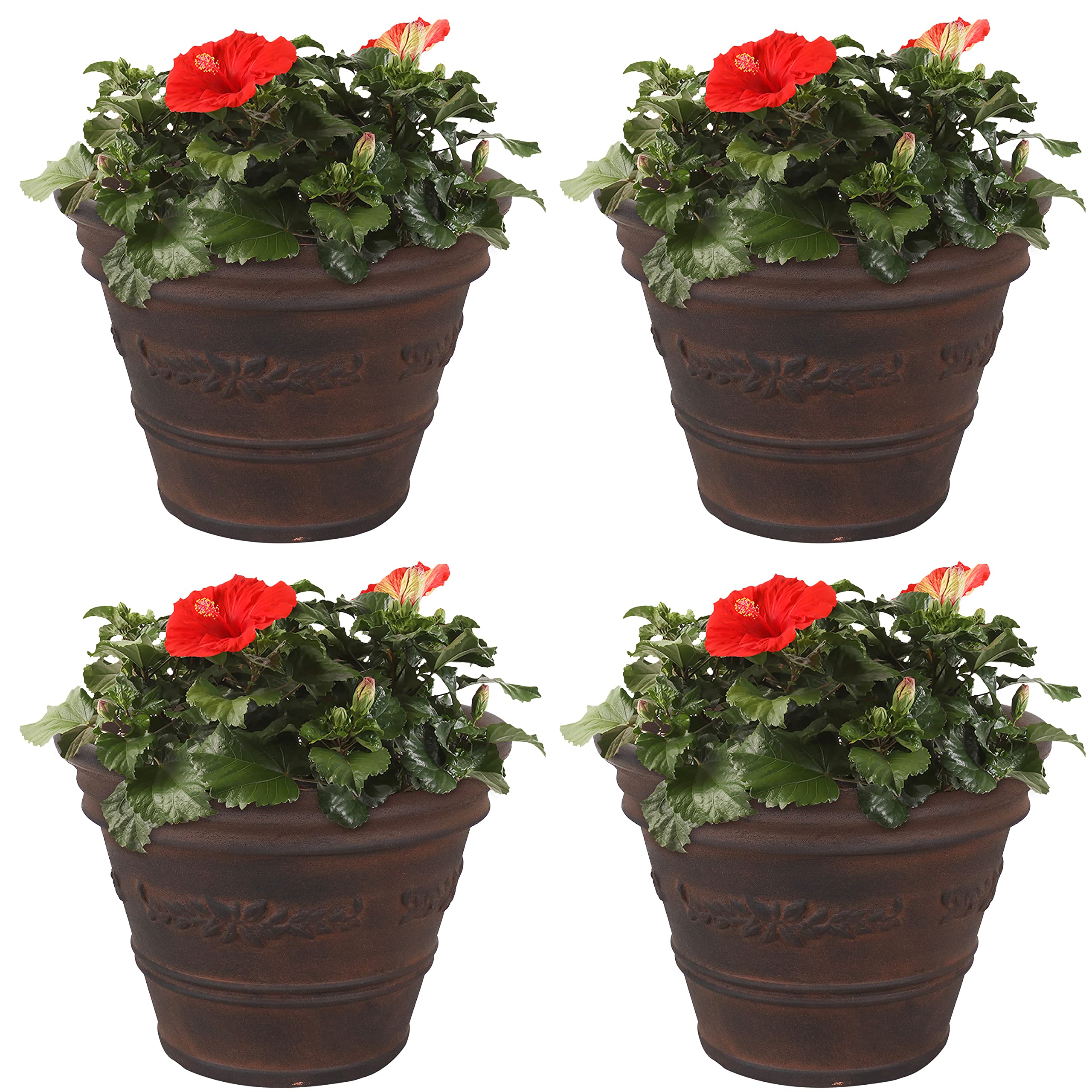 13-Inch Laurel Large Polyresin Plant Pot - Round Outdoor Planter with Drainage Holes - Rust Finish - 4 Pack - Perfect for Patio, Garden & Home Decor