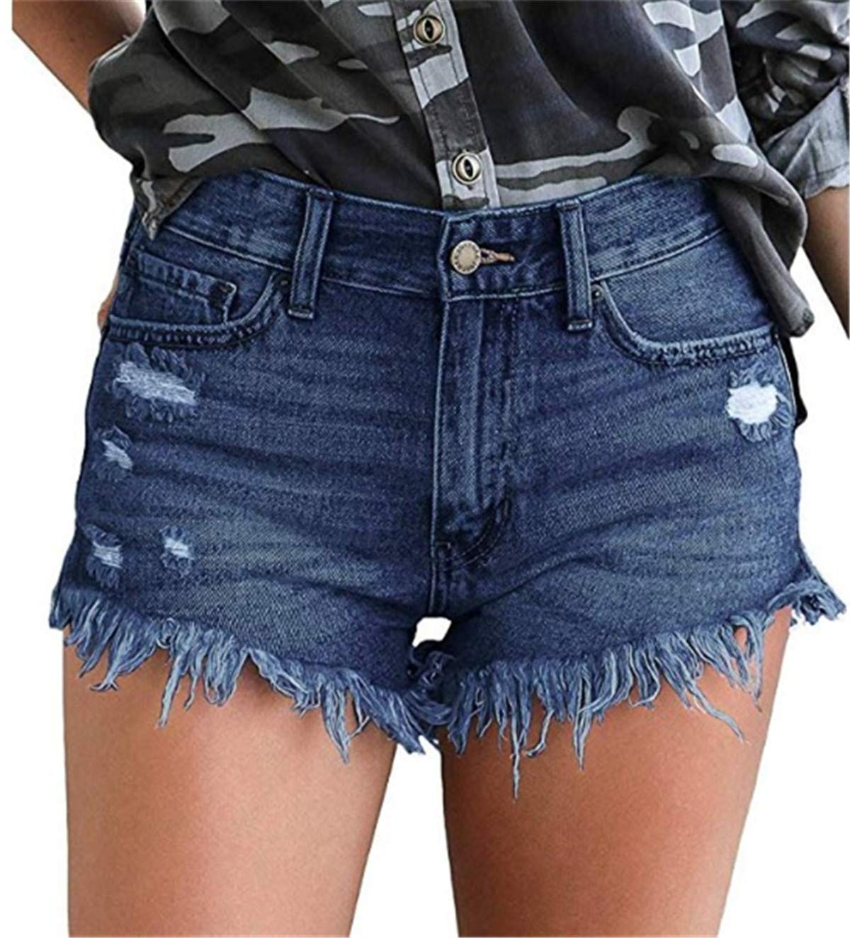 OnlyPuff Women's Ripped Mid Waist Denim Shorts with Pockets - Trendy Distressed High Waisted Jean Shorts for Summer Outfits & Casual Wear