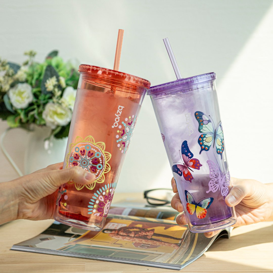 24oz Double Wall Insulated Plastic Tumbler with Lid & Straw - Butterfly Purple | Leak-Proof Travel Mug for Coffee, Tea & Cold Drinks | Office, Gym & Outdoor Use