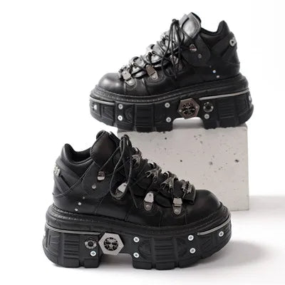 2025 Trendy Women's Ankle Boots - Chunky Heel Round Toe Lace-Up Sneakers with Metal Rivet Decor, Gothic Punk Rock Style for Daily Wear & Night Out