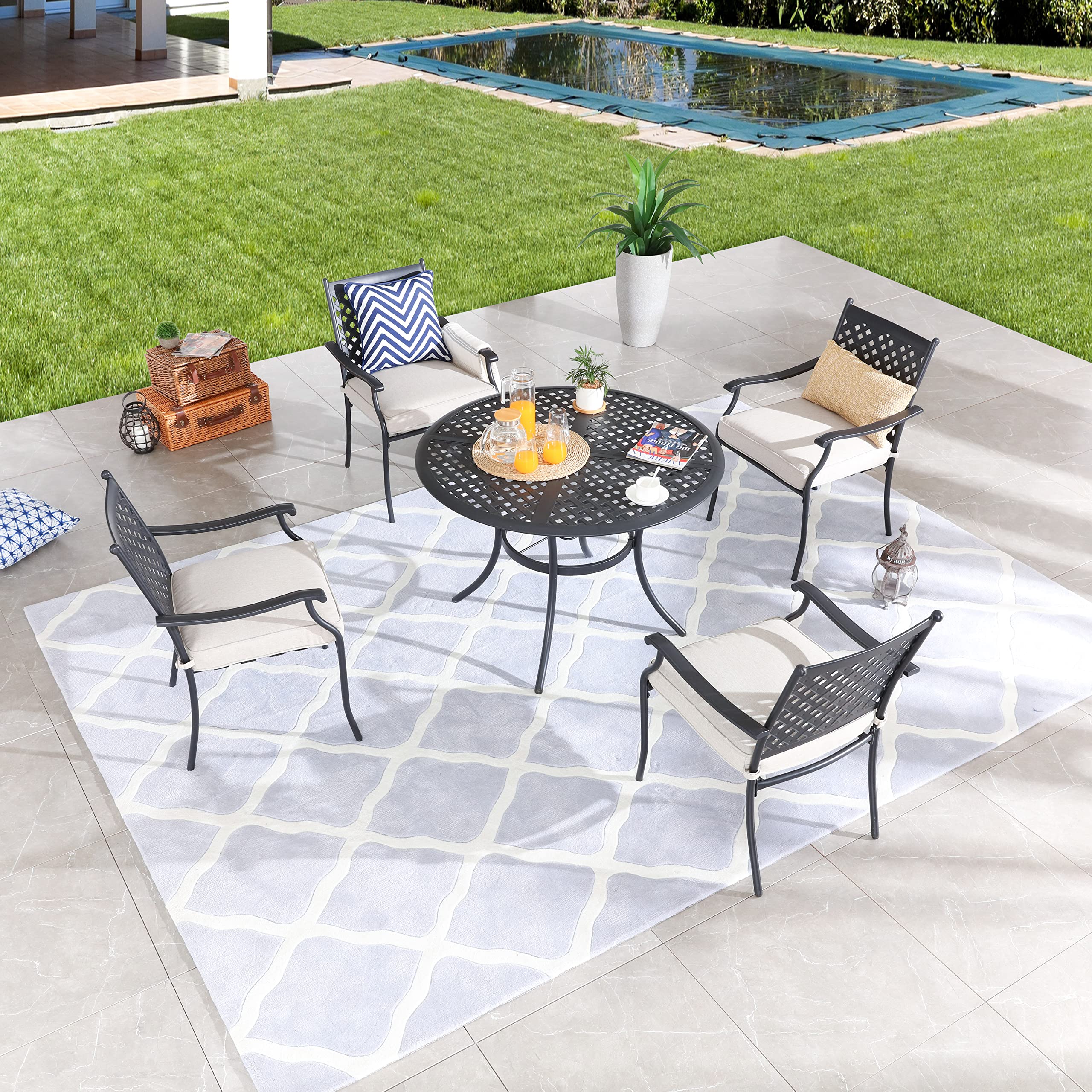 LOKATSE HOME 5-Piece Outdoor Patio Dining Set - Beige Metal Table with Umbrella Hole & Cushioned Iron Chairs for Garden, Backyard, Poolside or Balcony
