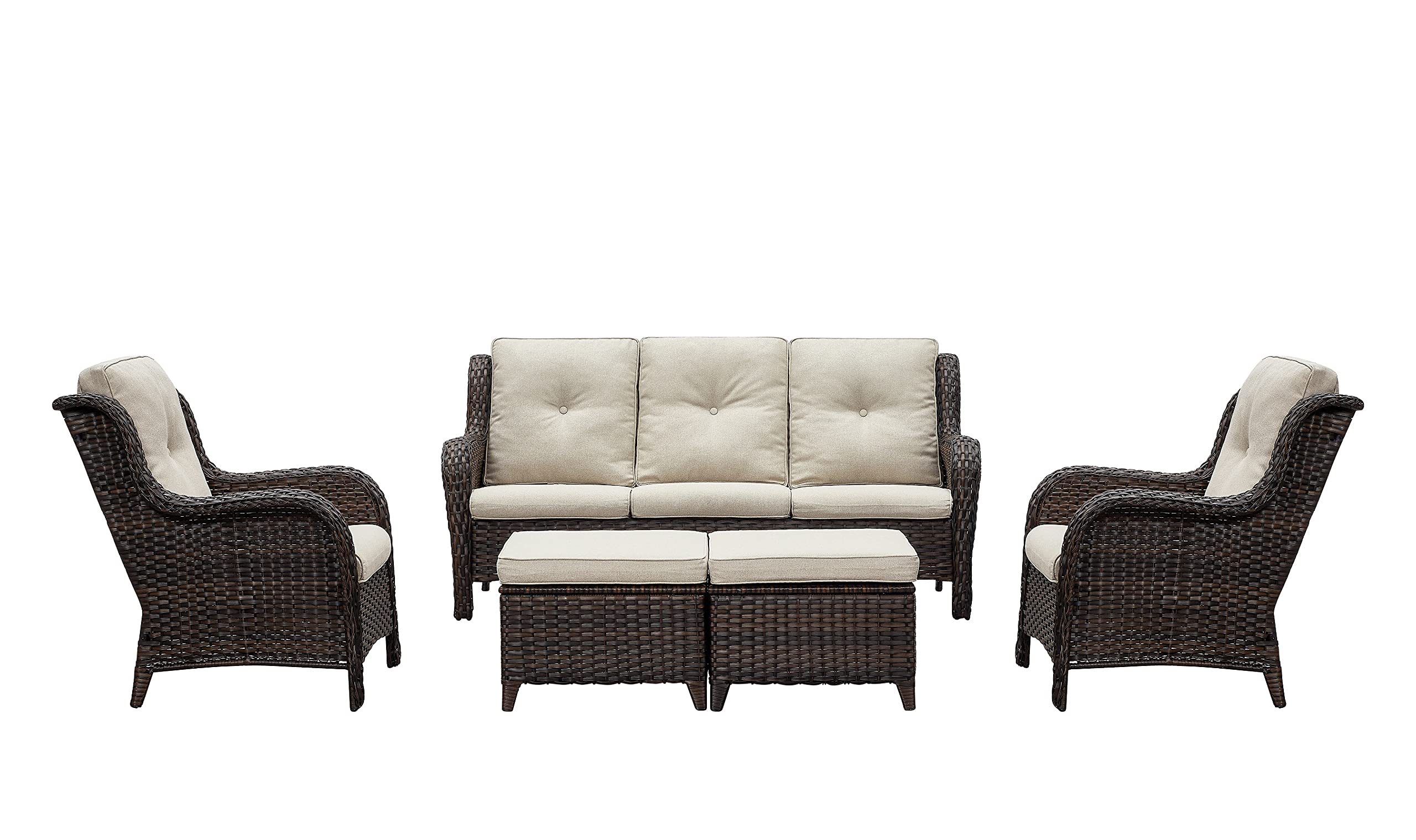 5-Piece Outdoor Patio Furniture Set - Rattan Wicker Sectional Sofa with 3-Seat Couch, 2 Armchairs & 2 Ottoman Footrests - Brown/Beige Conversation Set for Backyard, Garden or Poolside Relaxation