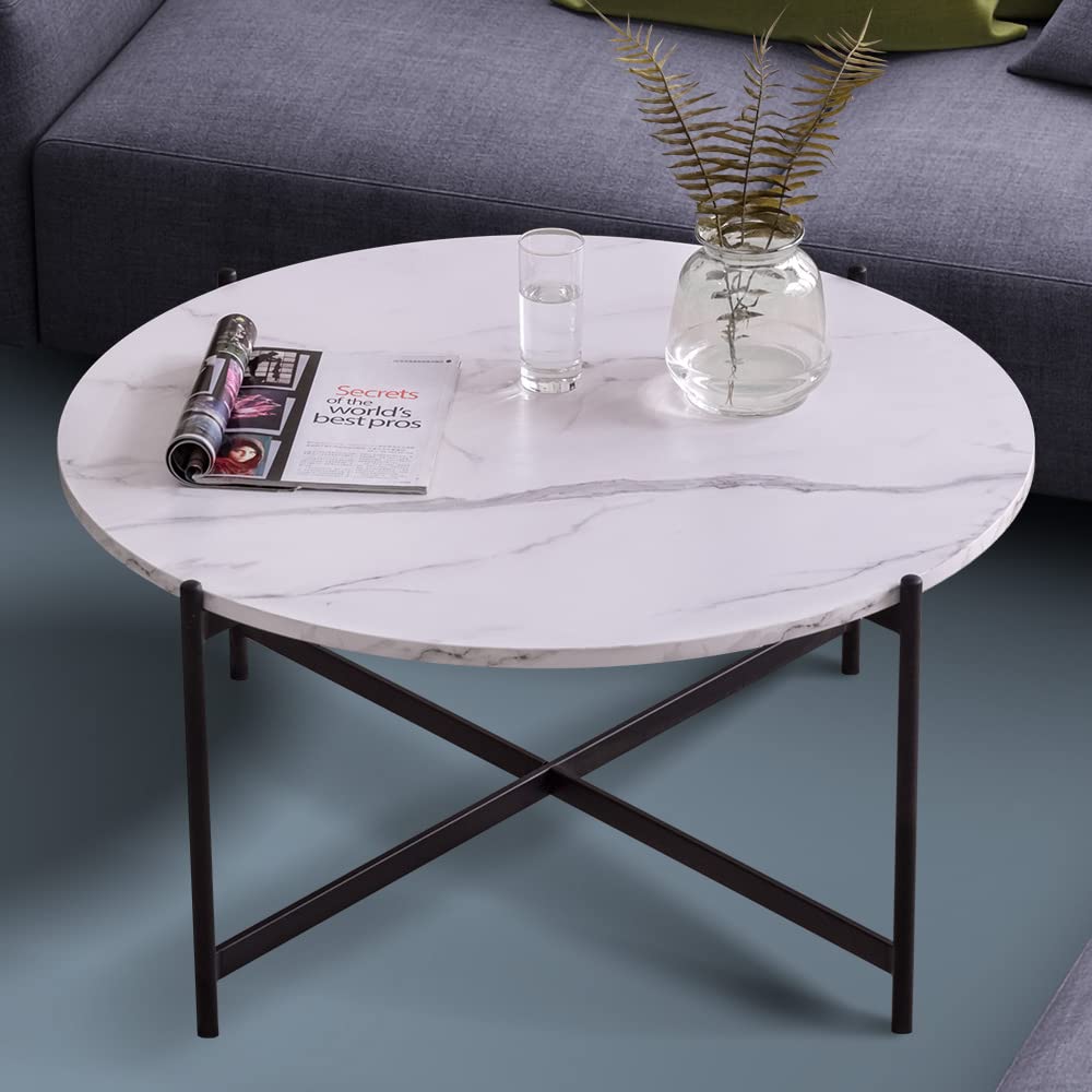 Round Coffee Table - Modern Mid-Century Metal Frame Accent Table for Living Room, Bedroom, Kitchen & Dining | White Cocktail Table for Leisure & Tea Time