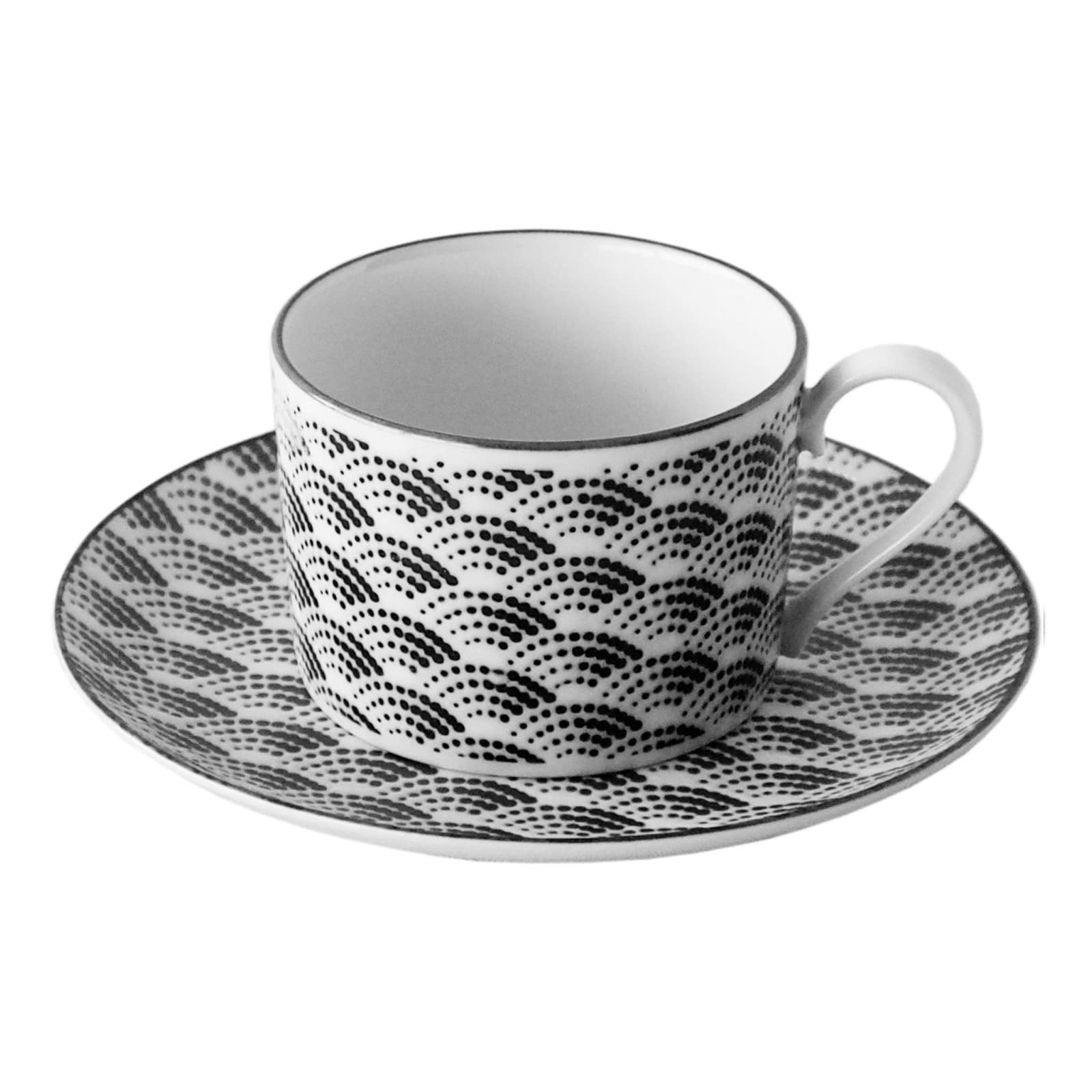 KIKYOUYA Komon Porcelain Japanese Tea Cup and Saucer Set - Traditional Ceramic Coffee Cup for Milk, Tea & Espresso - Microwave & Dishwasher Safe (Seikaiha Wave Pattern) - Perfect for Home, Cafe & Japanese Tea Ceremonies