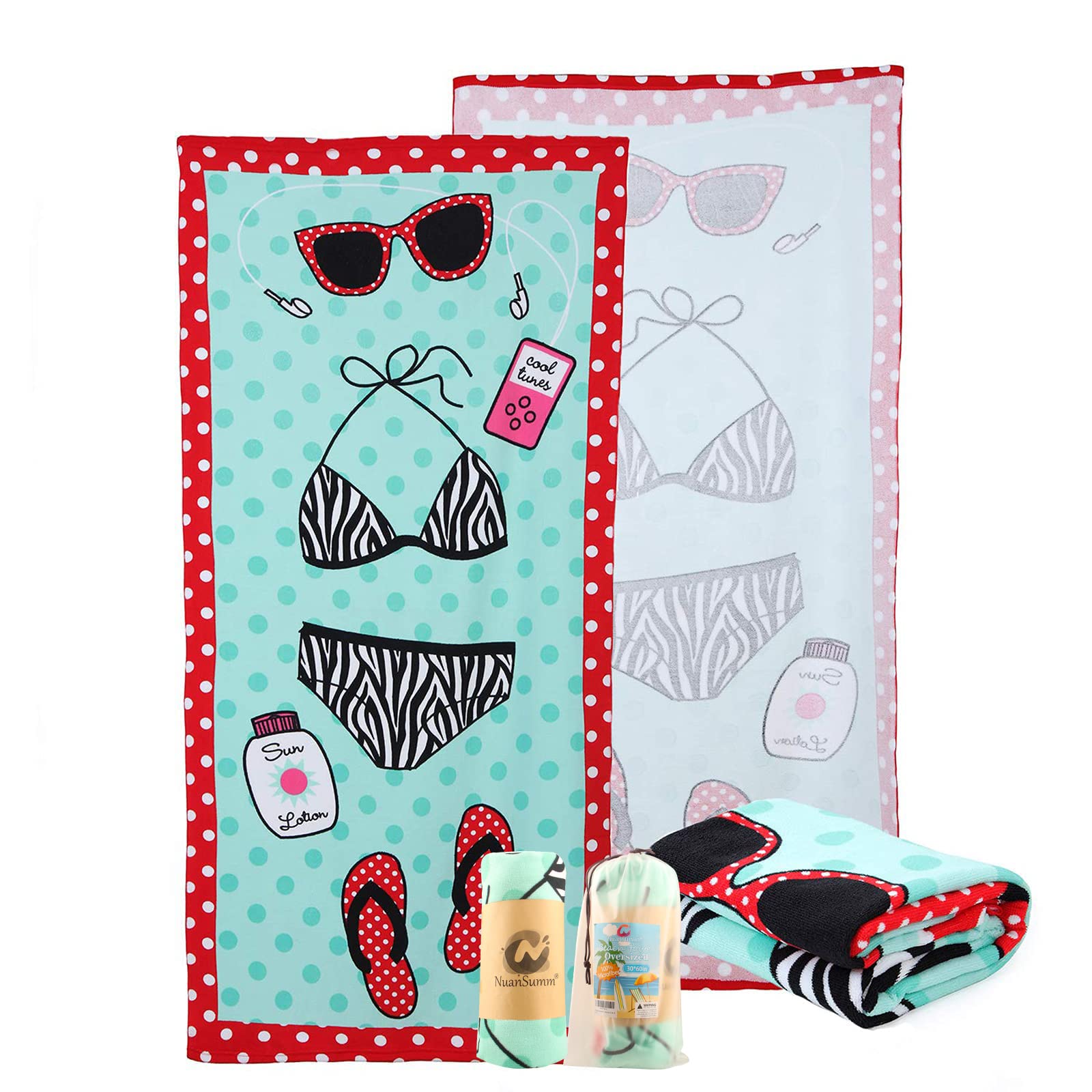 NuanSumm Microfiber Beach Towels - Extra Large 30x60 Inch Ultra Soft & Super Absorbent Sand-Free Beach Blanket | Portable Quick-Dry Towel for Adults, Women, Kids | Perfect for Pool, Picnic, Travel & Outdoor Activities