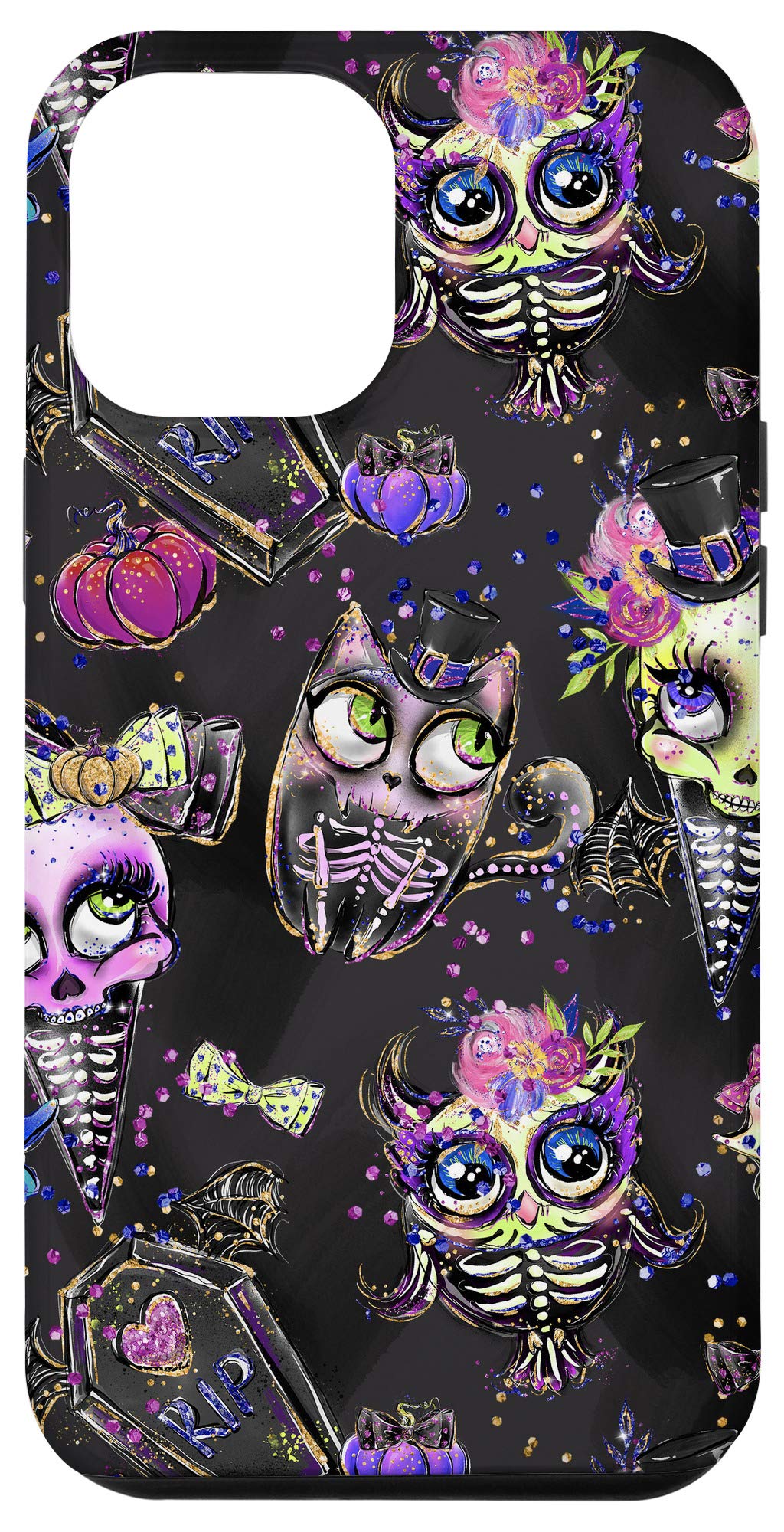 iPhone 12 Pro Max Gothic Case - Day of The Dead Skull & Owl Design - Shockproof Protective Phone Cover for Halloween, Goth Fashion & Alternative Lifestyle