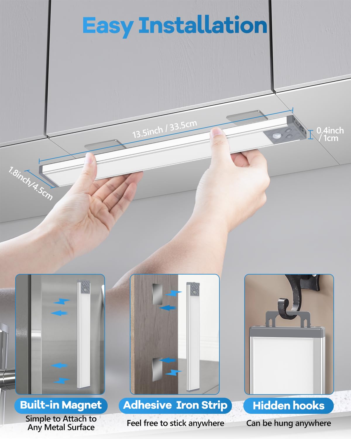 HIBOITEC 65 LED Under Cabinet Lighting - 3 Color Temperatures, Dimmable Motion Sensor Closet Lights, 2500mAh Rechargeable Wireless Under Counter Lights for Kitchen, Wardrobe, Pantry (Silver, 13.2 Inch) - Perfect for Nighttime Navigation & Task Lighting