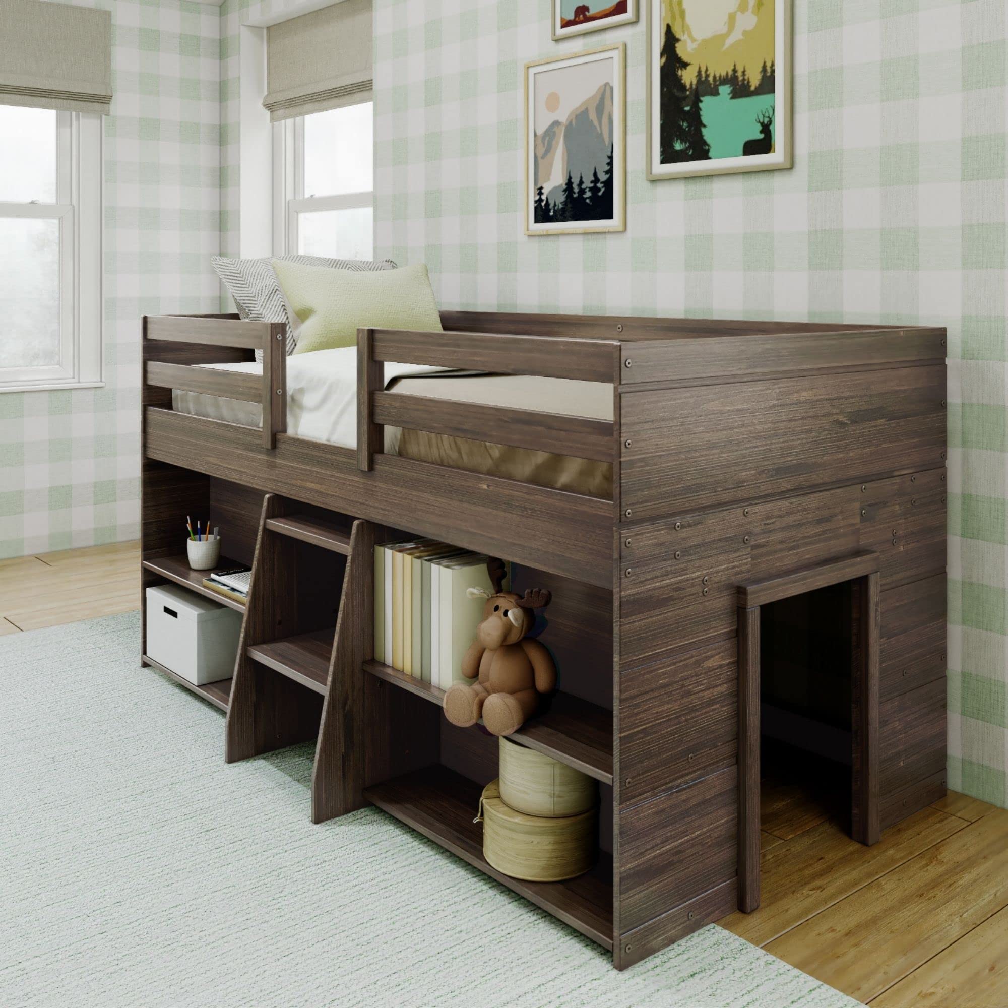 Max & Lily Modern Farmhouse Low Loft Twin Bed Frame for Kids with 2 Bookcases - Solid Wood Barnwood Brown - Perfect for Small Bedrooms & Kids' Study Spaces